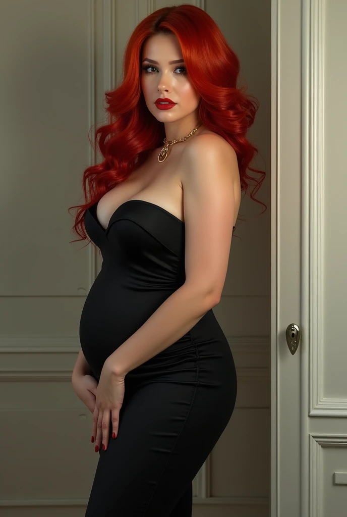 pregnant woman, Portrait of a 45 year old woman with long curly red hair, mature body, mature teacher, sexy smile, 8K, detailed background, surreal, realism, gothic architecture, NSFW, red high neck open tight dress, Red tight open gothic suit, red open skirt, showing whole body, whole body, big breasts, perfect breasts,performance, soft lighting, extreme details, long hair, gothic makeup, detailed eyes, sensual figure, curvy model, very plump body, sensual body, plus size women, attractive plus size model, pregnant woman,