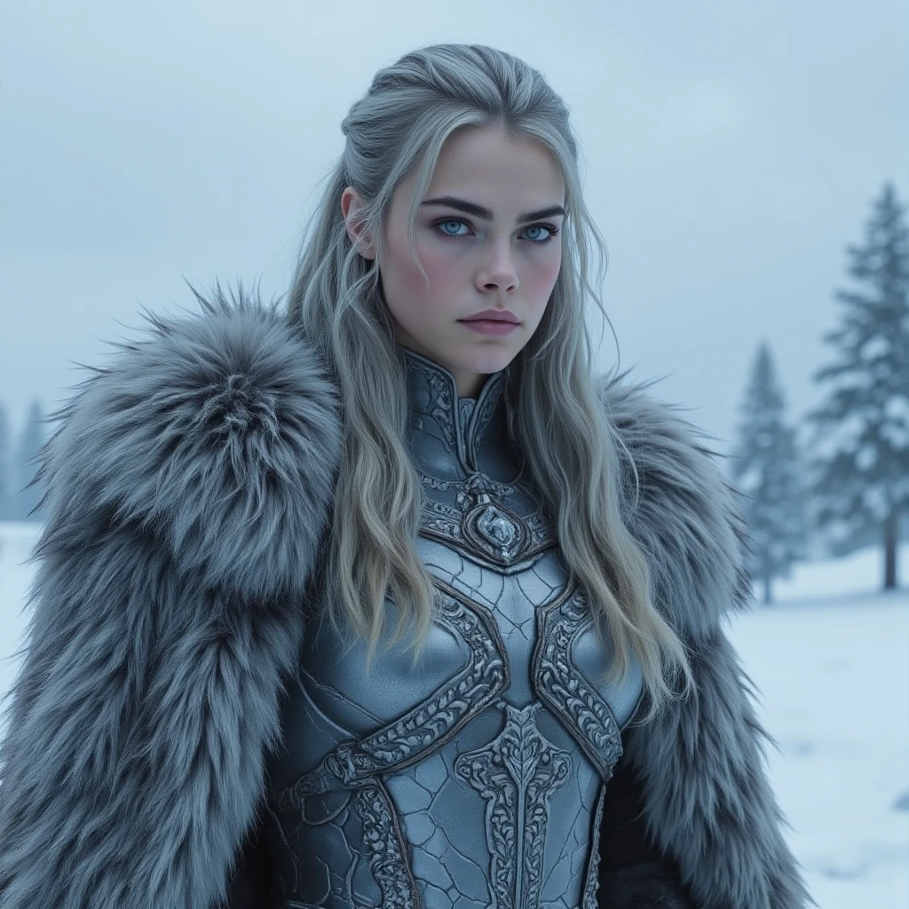 Realistic Photo of young female warrior, wearing steel scale and lamellar, grey wolf fur coar, blue eyes, silver grey hair, long hair, beautiful, cocky smirk, snowy background