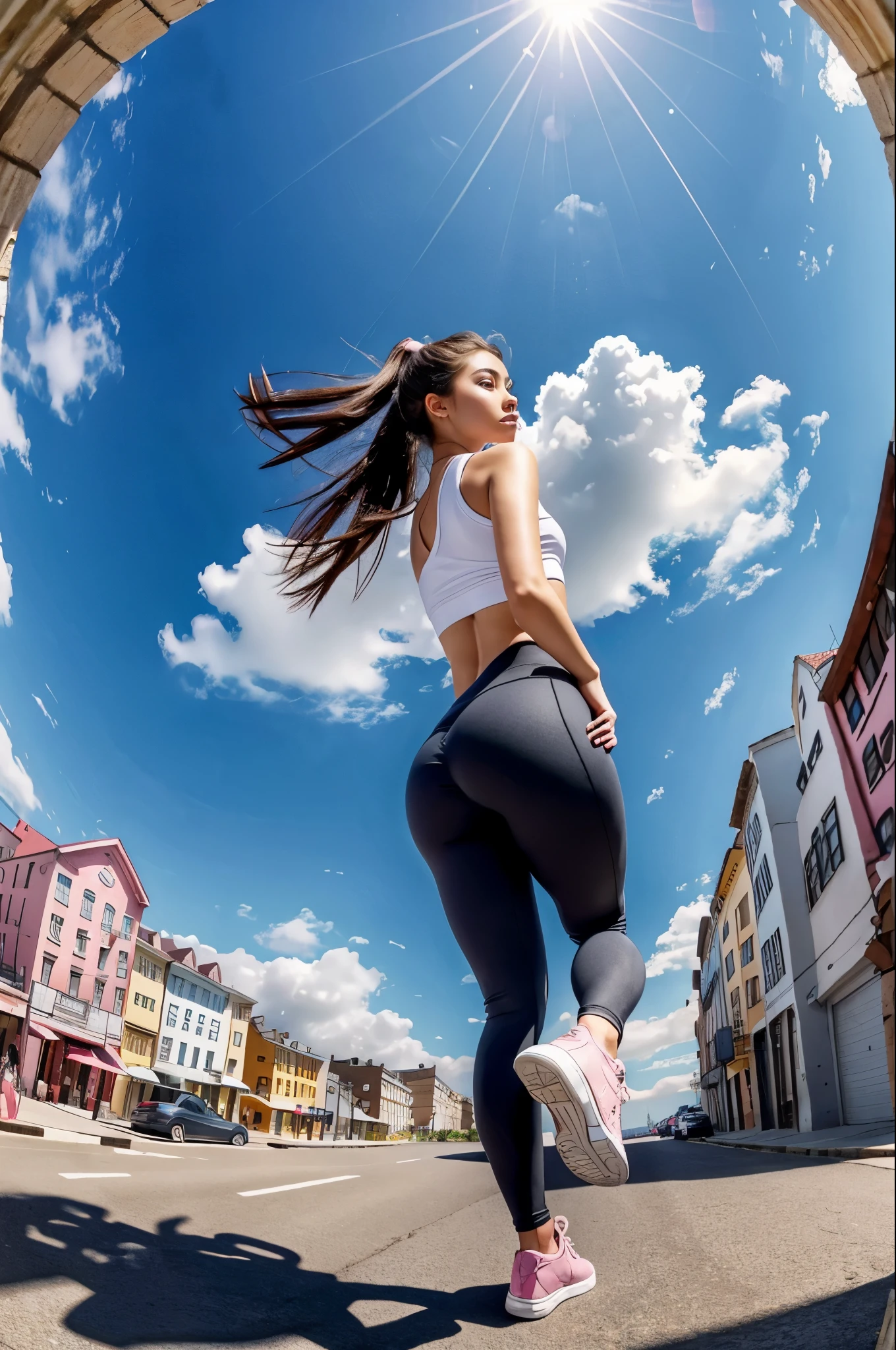 （Ultra-high definition images、Full live-action version、 top quality 、 Photorealistic、 Highest Masterpieces、 Draw realistically accurately with detailed details）、（ draw one of the cutest and sexiest beautiful girls 、 well-prepared face、Beautiful profile、 have big eyes and a tall nose、 white clouds on a clear sky with the sun shining 、Beautiful City、 walking 、Dark gray leggings 、Yoga pants、 pink and white sneakers）、（ take a picture of the girl's whole body from the ground 、 above him、 fisheye lens、 draw the back of the sneakers realistically and accurately ）、（ Draw a beautiful face looked up from below realistically and accurately、 fisheye lens)