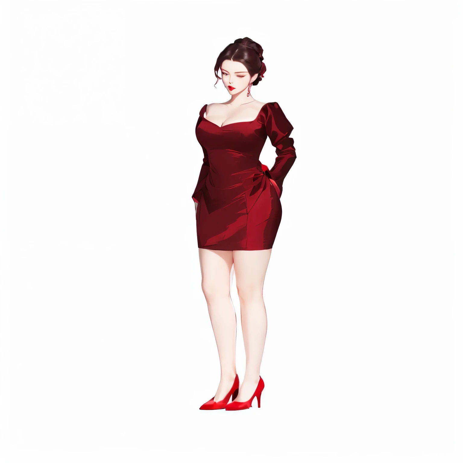 a woman in a red dress and red shoes standing, grayscale phtoto with red dress, inspired by Sim Sa-jeong, elegant glamor pose, digital art of an elegant, standing elegant pose, modeled in poser, rin tohsaka, wearing a red dress, inspired by Adrienn Henczné Deák, marvelous designer, inspired by Romano Vio