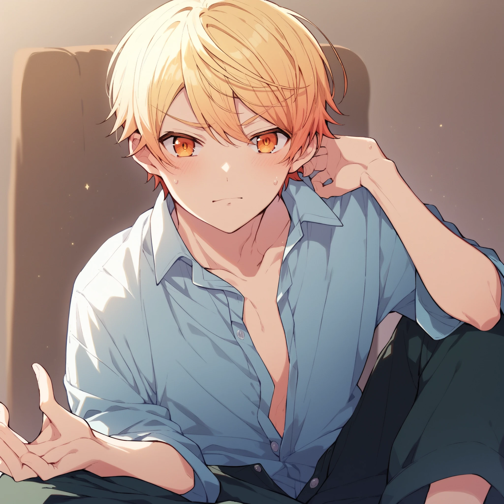 1boy, male focus, solo, tenma_tsukasa, gradient hair, blonde hair, orange eyes, sitting, blushing, teen, looking at viewer, unbuttoned shirt 