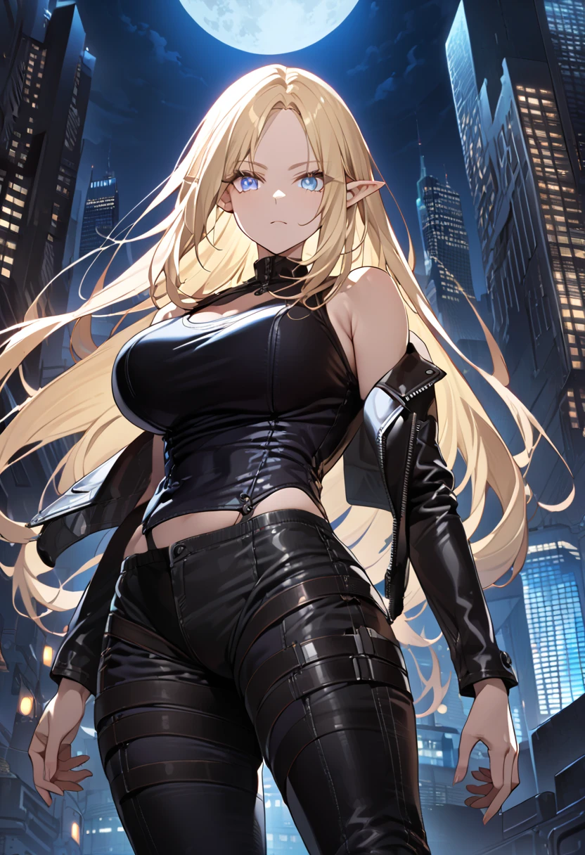 ( top quality 、 detailed images、Beautiful images、 official images )、((Cowboy shot:1.3))、(( moonlight、Skyscrapers at night))、( model body type、short pointed ears 、 big breasts)、( are expressionless)、( ergonomic body 、 ergonomic finger shape、 correct anatomy)、(Alpha, blue eyes, blonde hair, pointy ear)、( leather jacket、 tank top、leather pants),standing,