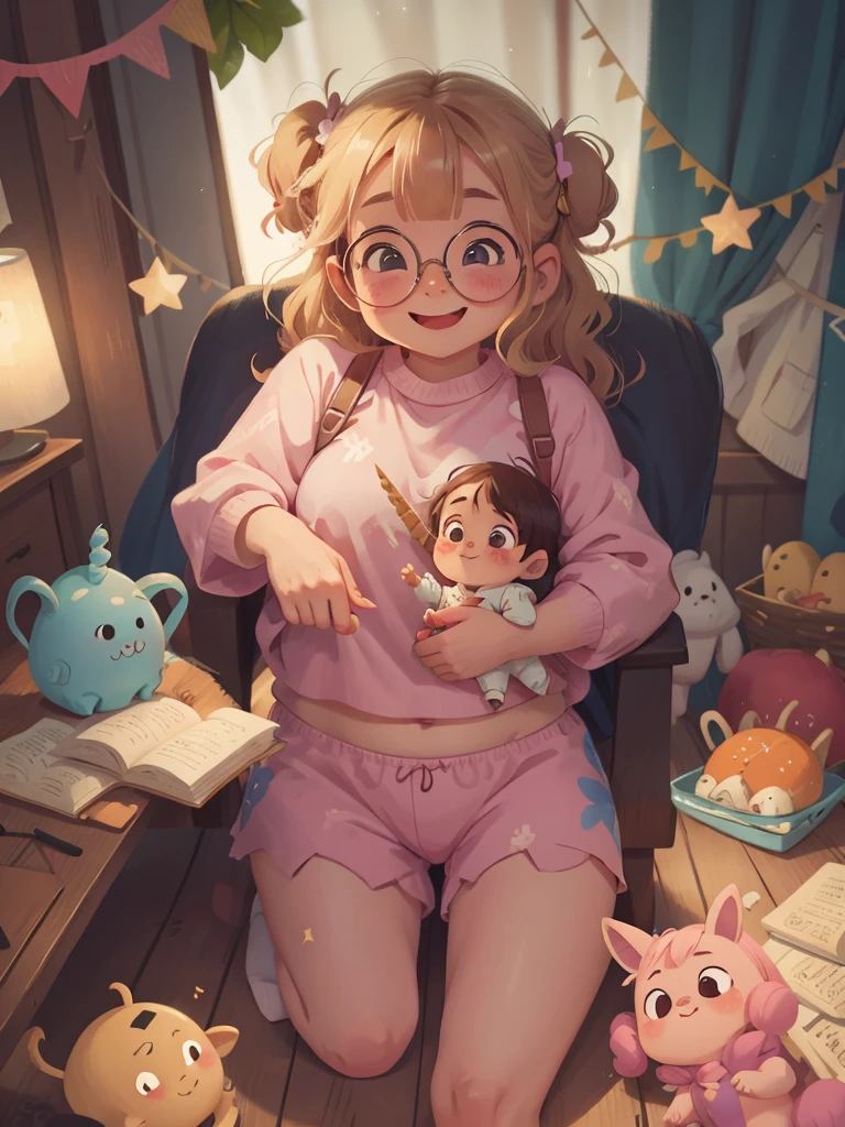 A little  girl with unicorn pajamas and she dragging a unicorn plushie by the hand, looking in a happy smile showing her teeth, chubby thighs, visble abs, round glasses, Looking at viewer, Grin, blonde curly short hair, blue eyes,
