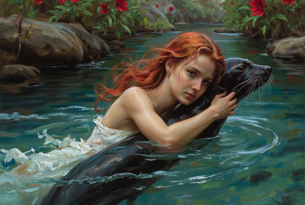 A stunning oil painting in the style of the Pre-Raphaelite Brotherhood, depicting the Sabian Symbol for Aries 1 degree: "A woman rising from the water, embraced by a seal." The scene is highly detailed, with vivid colors and a romantic, ethereal atmosphere. The woman is depicted with flowing red hair, her figure delicately emerging from the water, surrounded by intricate reflections and ripples in the clear, translucent water. Her expression is serene, almost otherworldly, as she is tenderly embraced by the seal, which is portrayed with naturalistic detail, its fur smooth and glistening as it rises alongside her. The background is filled with lush, detailed foliage, soft greens, and vibrant flowers, adding to the dreamlike quality of the scene. The light plays gently across the surface of the water, creating a sense of depth and luminosity. The use of rich, jewel-toned colors—emerald greens, deep blues, and warm reds—combined with meticulous attention to textures, evokes the Pre-Raphaelite tradition of fine detail and symbolic depth. The painting should evoke themes of purity, unity with nature, and emotional connection.