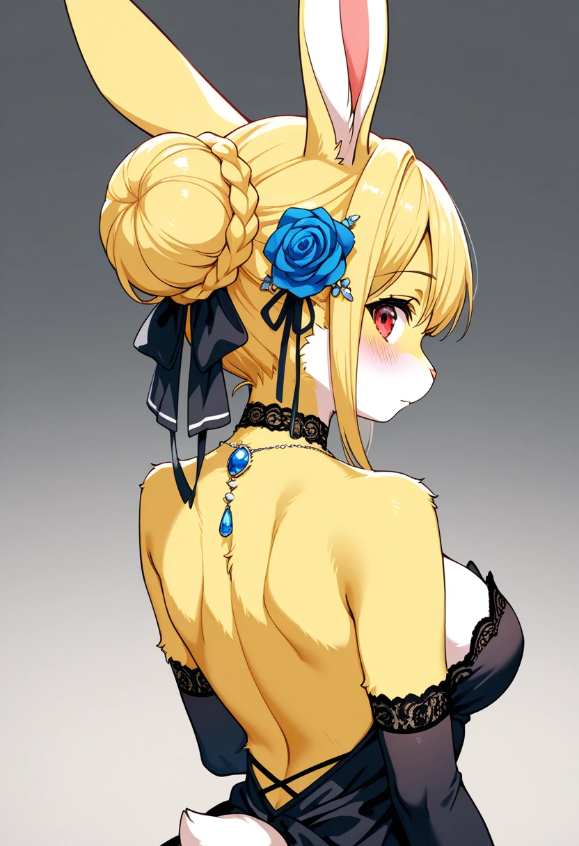 1girl, (furry, kemono:1.3), rabbit girl, animal nose, rabbit ears, rabbit tail, red eyes, hair flower, breasts, blonde hair, looking back, back, hair bun, bare shoulders, blush, single hair bun, shoulder blades, large breasts, sidelocks, braid, medium breasts, hair ornament, dress, earrings, black dress, necklace, elbow gloves, gloves, choker, backless dress, hair ribbon, looking at viewer, flower, rose, blue rose, solo, backless outfit, bare back, upper body, from behind, gradient background, grey background, back focus, jewelry, blue flower, closed mouth, median furrow, gem, black gloves