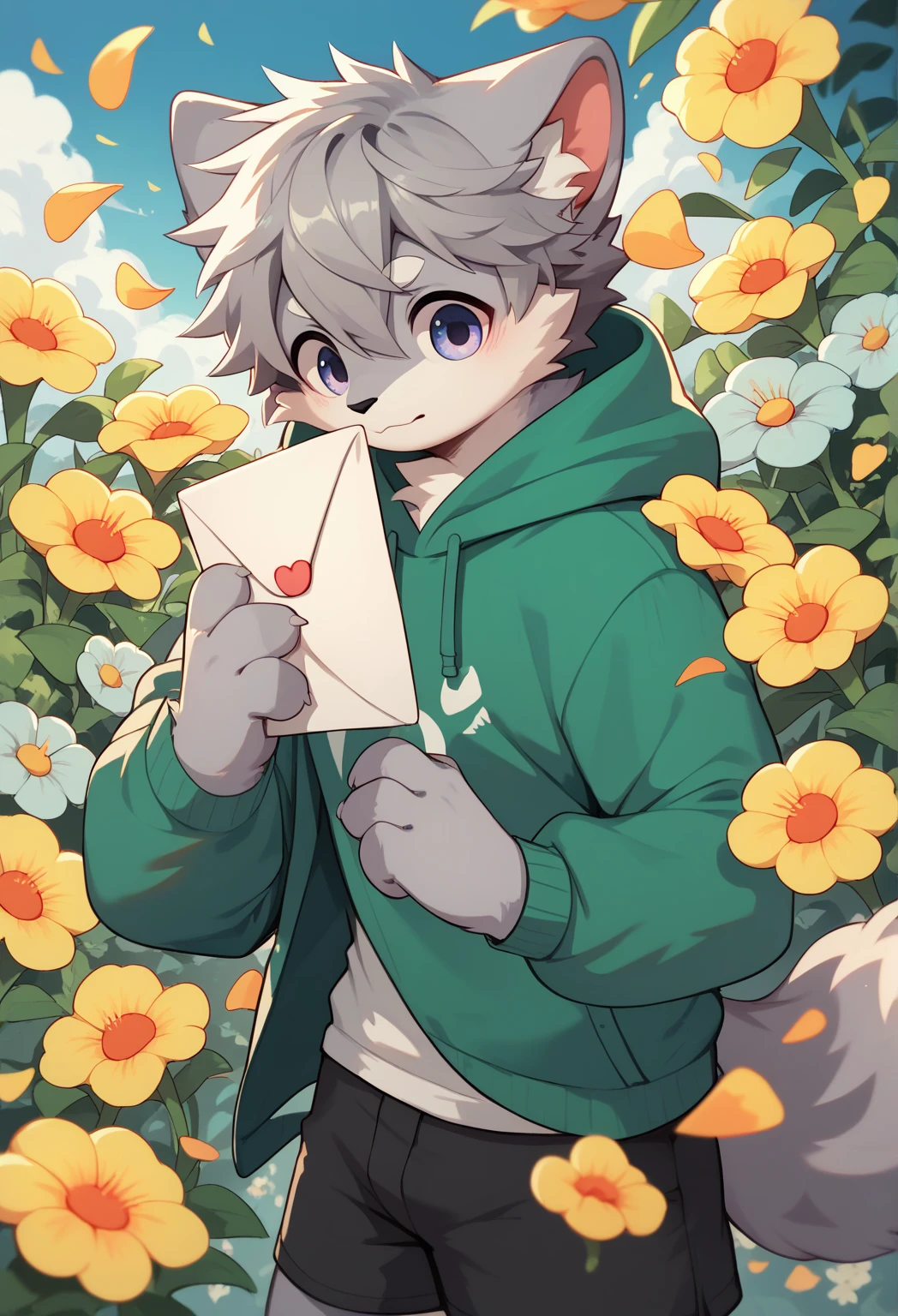 ( gray hair,)   very detailed,   super high res,With flowers, shy ,Deliver the letter,  boys,  fluffy fur   ,participate,  cute face,  rucksack,No friends,   shorts,   Green Hoodie   ,