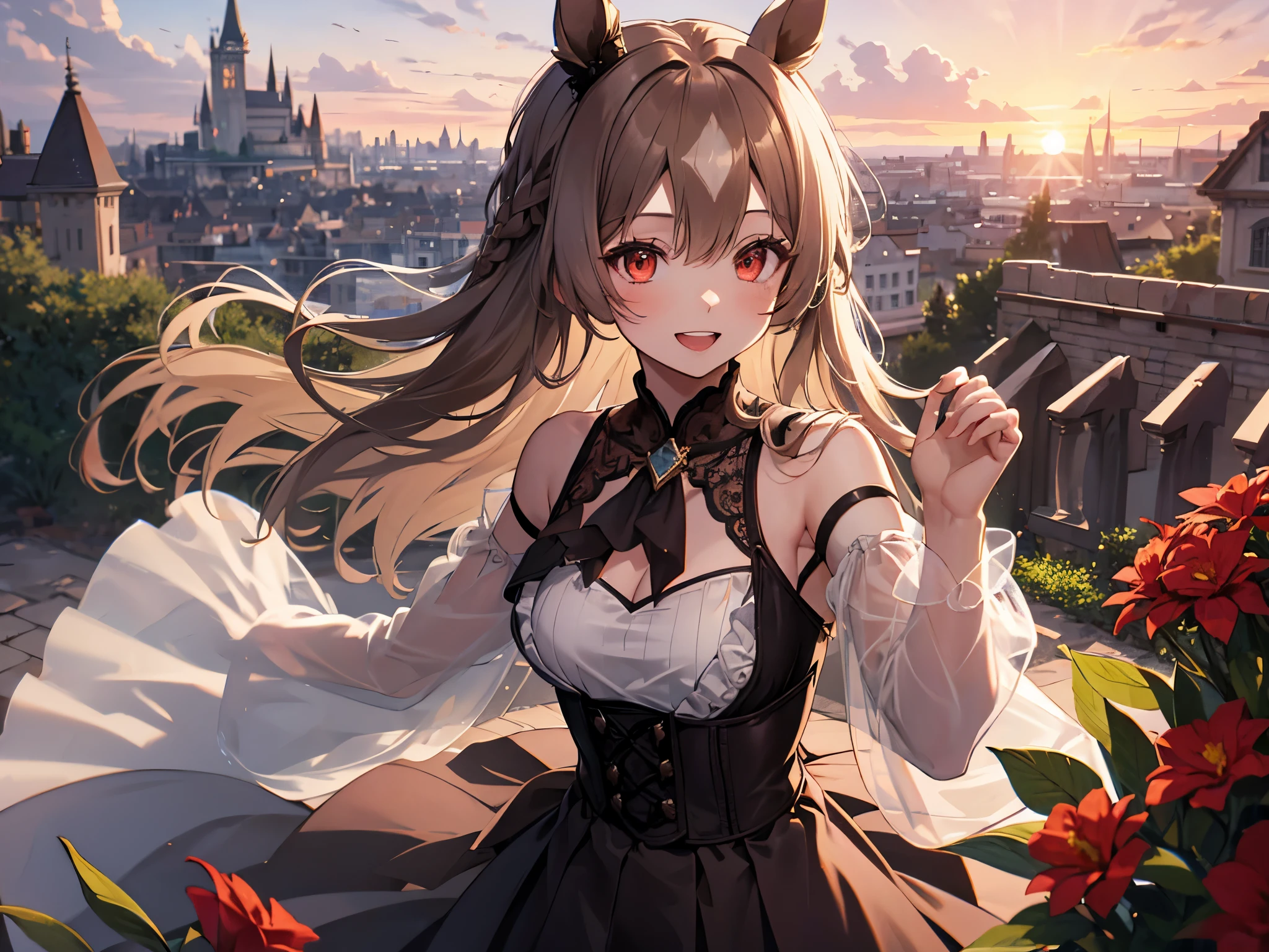 Alone, adult female, detailed depiction of weapon, woman with slanted eyes, horse ears, eyes looking up, upper body with exposed armpits, black and red clothing, black see-through from neck to chest, breasts visible through sheer clothing, exposed gums, smiling face, black see-through top, false sleeves, tutu, pants, red high-waisted skirt, white frills, red eyes, windblown hair, voluptuous muscular body, dusk, sunset, red flowers within the castle walls, shot from above