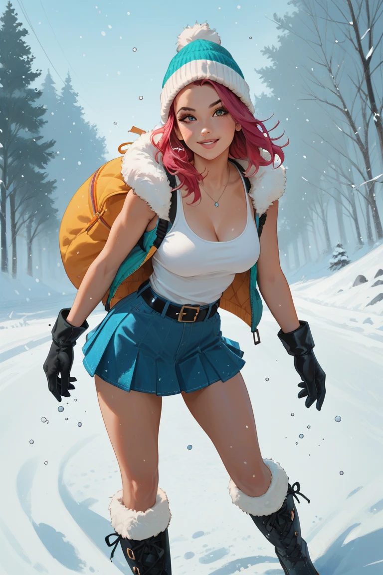 Hottest female in a winter hat, snow falling in background she’s wearing a tank top with fur lining. She has on a micro skirt with a big black belt. She has on snow boots she’s as pretty as she comes.