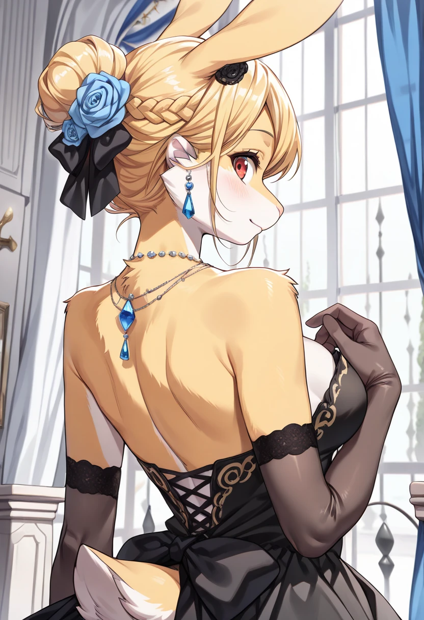 ((masterpiece)), (( top quality )), ( very detailed), (( very detailed)), 4K, (8k),  very aesthetic, Absurd High Resolution, 1girl, (furry, kemono:1.3), rabbit girl, animal nose, rabbit ears, rabbit tail,  mature woman,  Perfect Anatomy,  dress, Alone, Blonde,  red eyes,  hair accessories, gem,  earrings for women with first name, black  dress,  hair flower, flower, looking return,  viewers because it's Shiragane in the middle of winter, chest, from behind,  braided ,  blue flower, return, grey returnground, Bare shoulders, simple returnground, side lock,   Detached Sleeve , bow,  gloves, medium chest, elbow  gloves, Hair Bun, returnless outfit, black bow,  necklace, returnless  dress,   closed mouse ,  Rose, single Hair Bun, Scapula, strapless  dress,  upper body