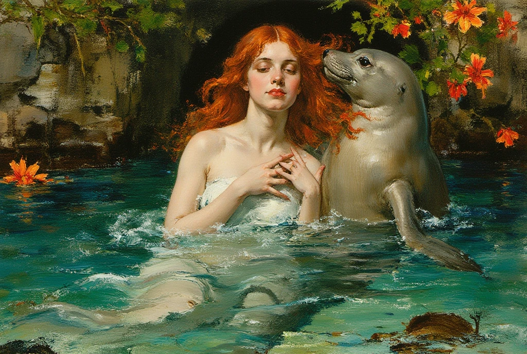 A stunning oil painting in the style of the Pre-Raphaelite Brotherhood, depicting the Sabian Symbol for Aries 1 degree: "A woman rising from the water, embraced by a seal." The scene is highly detailed, with vivid colors and a romantic, ethereal atmosphere. The woman is depicted with flowing red hair, her figure delicately emerging from the water, surrounded by intricate reflections and ripples in the clear, translucent water. Her expression is serene, almost otherworldly, as she is tenderly embraced by the seal, which is portrayed with naturalistic detail, its fur smooth and glistening as it rises alongside her. The background is filled with lush, detailed foliage, soft greens, and vibrant flowers, adding to the dreamlike quality of the scene. The light plays gently across the surface of the water, creating a sense of depth and luminosity. The use of rich, jewel-toned colors—emerald greens, deep blues, and warm reds—combined with meticulous attention to textures, evokes the Pre-Raphaelite tradition of fine detail and symbolic depth. The painting should evoke themes of purity, unity with nature, and emotional connection.