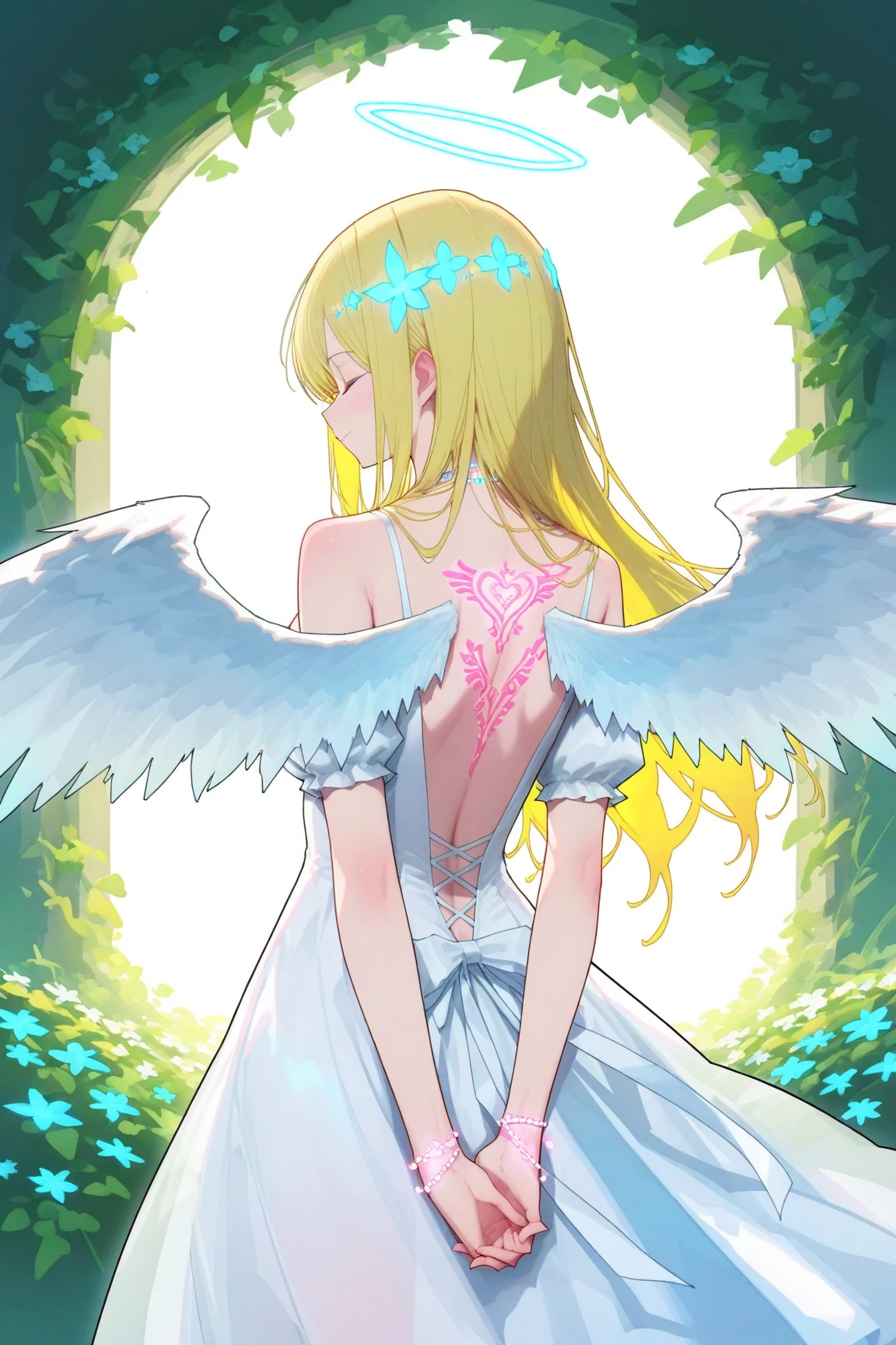 1girl,angel,blonde hair,long hair,closed eyes,halo,Angel Wings,Angel Smile,BREAK standing,backwards,back focus,Gorgeous dresses with open backs,gorgeous dresses,BREAK Hands clasped behind the back, showing confidence or authority.,BREAK (Glowing tattoo,tattoo on the back,Holy Tattoo),Garden of the Gods,Eternal Garden