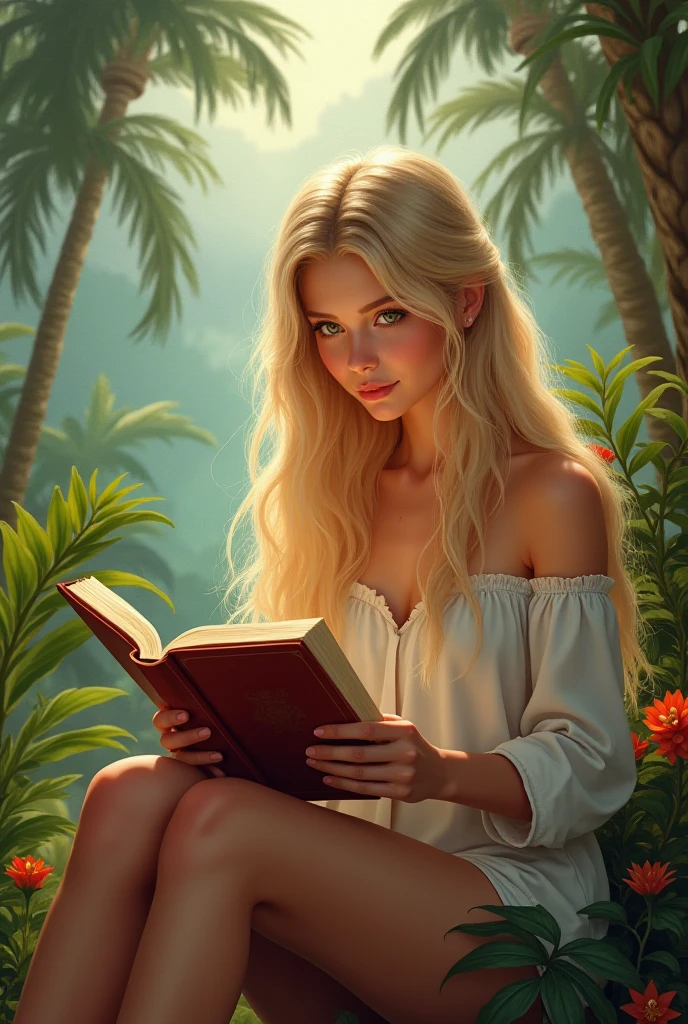 blond, 1girl, bible, bikini, smiling, anxious