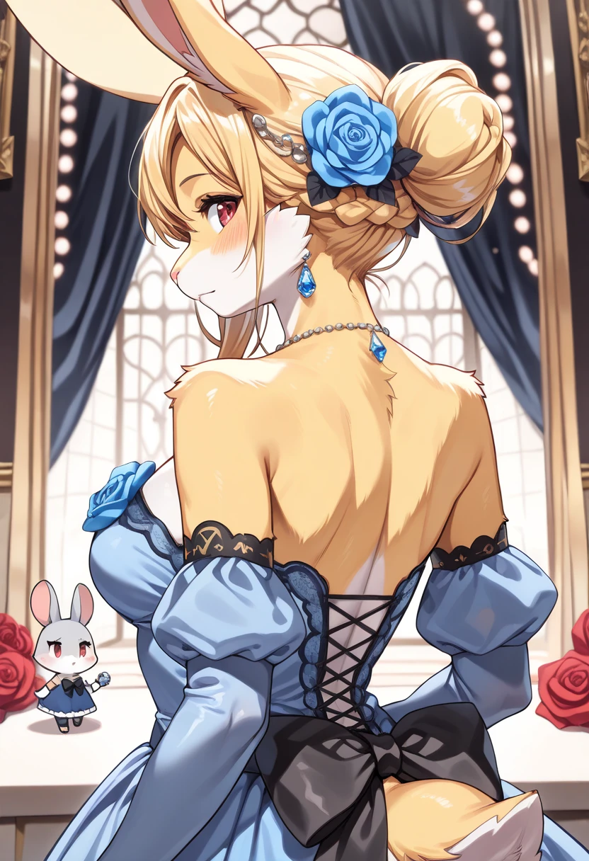 ((masterpiece)), (( top quality )), ( very detailed), (( very detailed)), 4K, (8k),  very aesthetic, Absurd High Resolution, 1girl, (furry, kemono:1.3), rabbit girl, animal nose, rabbit ears, rabbit tail,  mature woman,  Perfect Anatomy,  dress, Alone, Blonde,  red eyes,  hair accessories, gem,  earrings for women with first name, blue dress,  hair flower, flower, looking return,  viewers because it's Shiragane in the middle of winter, chest, from behind,  braided ,  blue flower, return, grey returnground, Bare shoulders, simple returnground, side lock,   Detached Sleeve , bow,  gloves, medium chest, elbow  gloves, Hair Bun, returnless outfit, black bow,  necklace, returnless  dress,   closed mouse ,  Rose, single Hair Bun, Scapula, strapless  dress,  upper body