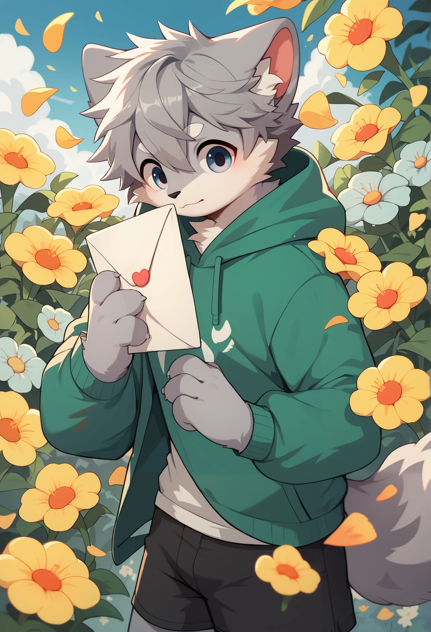 ( gray hair,)   very detailed,   super high res,With flowers, shy ,Deliver the letter,  boys,  fluffy fur   ,participate,  cute face,  rucksack,No friends,   shorts,   Green Hoodie   ,