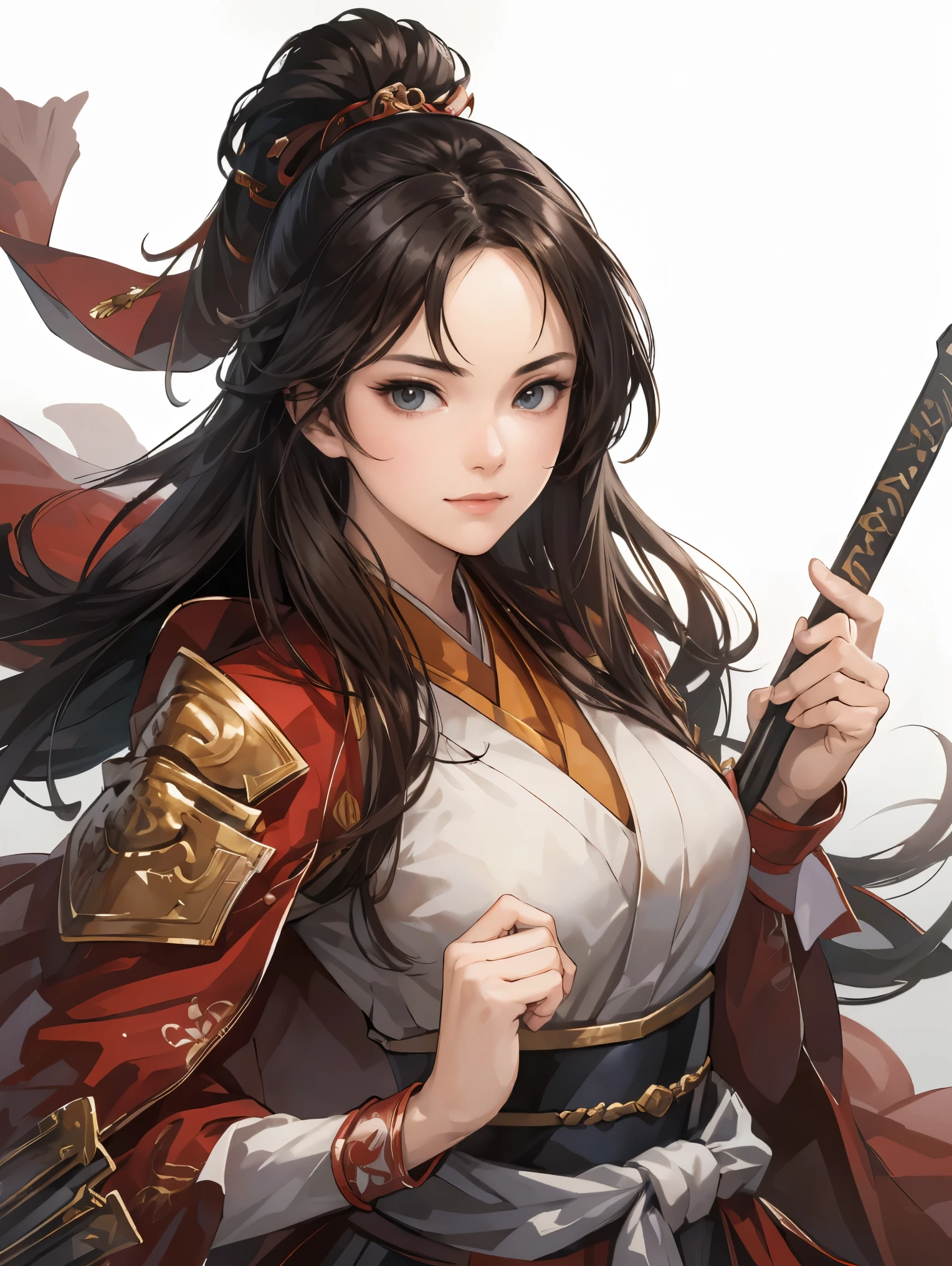   beautiful woman with dark hair ：1.3,  Stunning Character Art , Hanfu,((  pure white background)), ( top quality ),  handsome，Beautiful female knight, 2. 5D CGI fantasy artwork,  detailed digital art , Very nice work of art,  fan Art Best Art Station, ( red cloak),(warrior:1.2) are expressionless, accurately drawn hands 、 I'm putting my hands on my lower back, with little pubic hair、Chinese Armor,From the waist up、One woman、 faint smile 、White space above the head,masterpiece, Perfect picture, Realistic Drawing ,