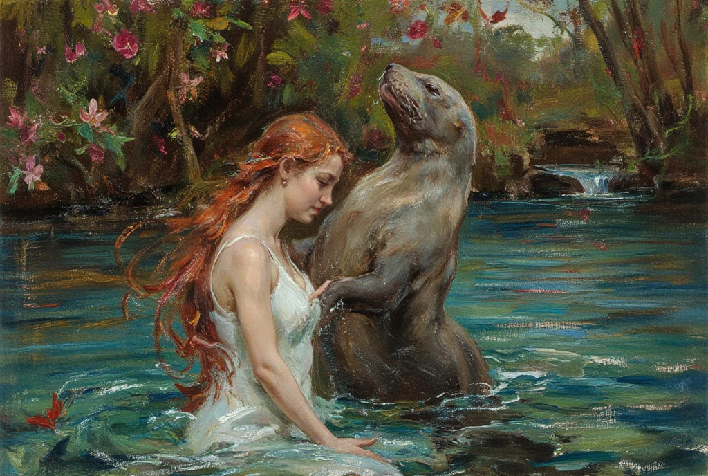 A stunning oil painting in the style of the Pre-Raphaelite Brotherhood, depicting the Sabian Symbol for Aries 1 degree: "A woman rising from the water, embraced by a seal." The scene is highly detailed, with vivid colors and a romantic, ethereal atmosphere. The woman is depicted with flowing red hair, her figure delicately emerging from the water, surrounded by intricate reflections and ripples in the clear, translucent water. Her expression is serene, almost otherworldly, as she is tenderly embraced by the seal, which is portrayed with naturalistic detail, its fur smooth and glistening as it rises alongside her. The background is filled with lush, detailed foliage, soft greens, and vibrant flowers, adding to the dreamlike quality of the scene. The light plays gently across the surface of the water, creating a sense of depth and luminosity. The use of rich, jewel-toned colors—emerald greens, deep blues, and warm reds—combined with meticulous attention to textures, evokes the Pre-Raphaelite tradition of fine detail and symbolic depth. The painting should evoke themes of purity, unity with nature, and emotional connection.