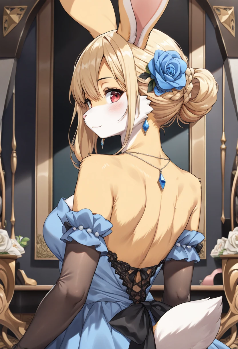 ((masterpiece)), (( top quality )), ( very detailed), (( very detailed)), 4K, (8k),  very aesthetic, Absurd High Resolution, 1girl, (furry, kemono:1.3), rabbit girl, animal nose, rabbit ears, rabbit tail,  mature woman,  Perfect Anatomy,  dress, Alone, Blonde,  red eyes,  hair accessories, gem,  earrings for women with first name, blue dress,  hair flower, flower, looking return,  viewers because it's Shiragane in the middle of winter, chest, from behind,  braided ,  blue flower, return, grey returnground, Bare shoulders, simple returnground, side lock,   Detached Sleeve , bow,  gloves, medium chest, elbow  gloves, Hair Bun, returnless outfit, black bow,  necklace, returnless  dress,   closed mouse ,  Rose, single Hair Bun, Scapula, strapless  dress,  upper body