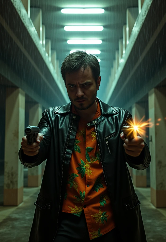 Hawaiian shirt, leather black coat, Max Payne exchanges fire with bandits in an unfinished building, heavy rain, closing fluorescent lights, Berettas in two hands, dramatic camera angle, the moment the pistols fire, hints of color, atmospheric environment, rainy night setting, desaturated palette, deep shadows, hard edge lighting, dramatic silhouette, cinematic depth of field, photorealistic, masterpiece, 8k, watch to the camera, Max Payne, lilamaddyson