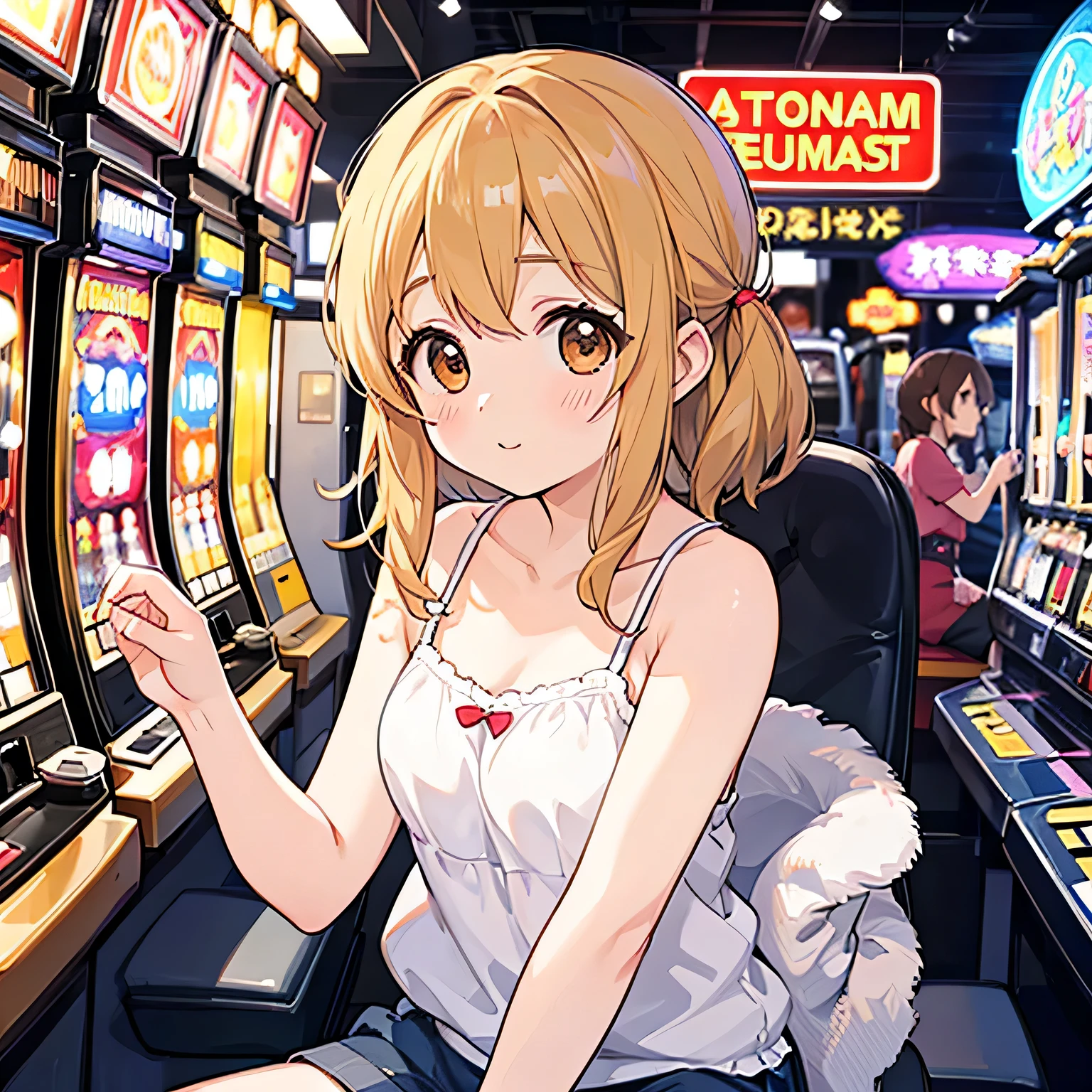 There is a woman sitting and playing a game of slot machines, K-ON!, Yui Hirasawa, Japanese Pachinko Parlors ,Blonde, camisole