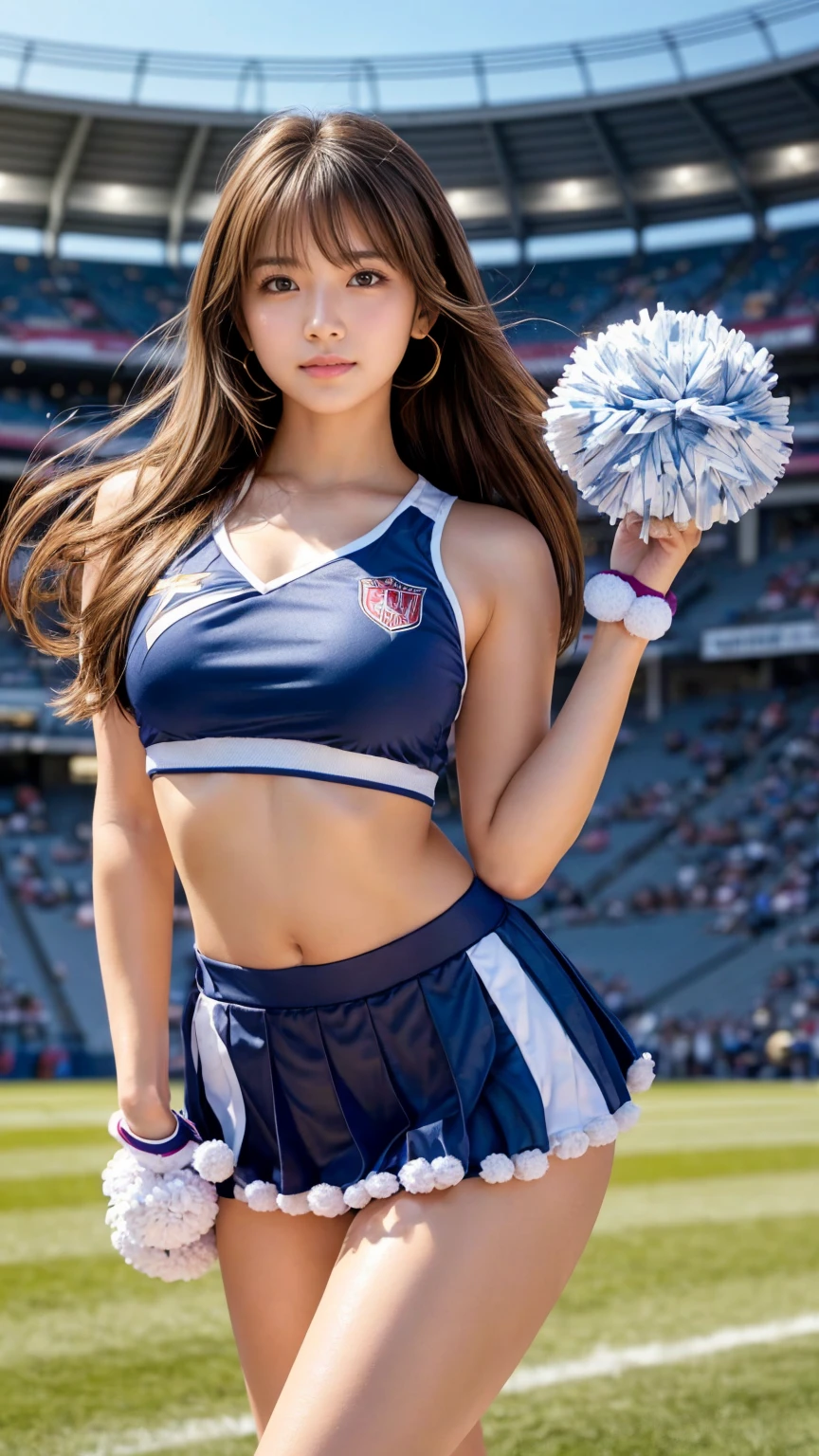 ((One Cheerleader 1.5)), ((Woman in her late 30s)), Cheerleaders at the stadium, ((Black cheerleader uniform 1.3)), ((white miniskirt 1.3)) , (Knee High Socks 1.4), ((Sweaty 1.5)), Black Hair, Red lips, Shadow Eye, Sexy makeup, Twin tails,(( Beautiful and big breasts 1.2)), Thighs , ((Shiny skin 1.4)), high resolution,(Realistic Photo,Realistic photos), Beautiful and slender body line, (Stadium Background), Captivating woman, high quality, Highly detailed skin