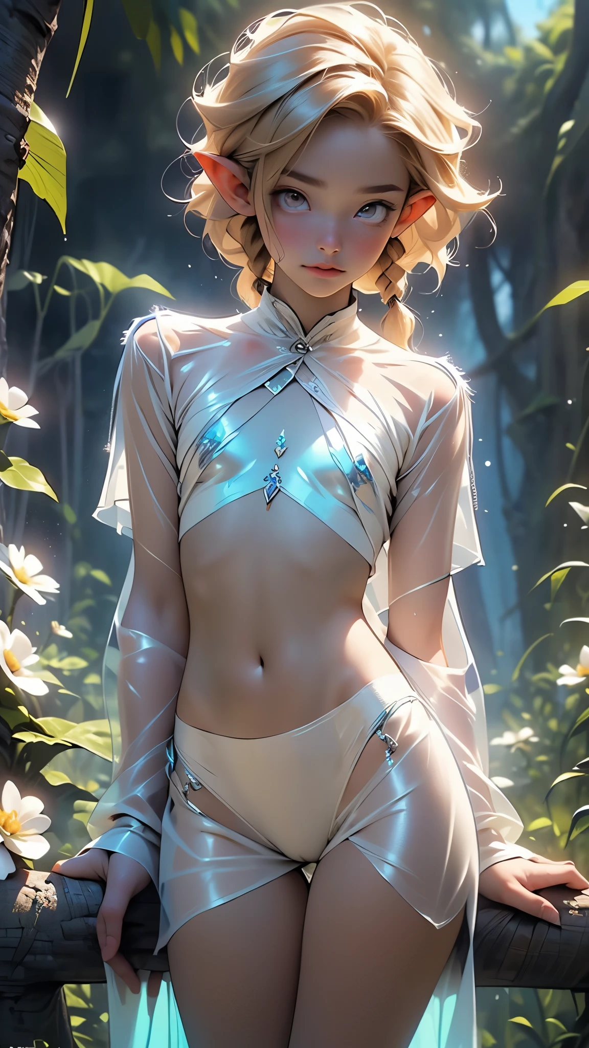 (masterpiece), (best quality), (detailed), light layer, 1solo girl, young girl in the forest, sexy transparent colonial dress, perfect body, blonde hair, short hair, defined chest, defined collarbone, ultra realistic, photorealistic, sad, detailed, perky see-through nipple, perky see-through clitoris, see-through lips of vagina, wet clothes,