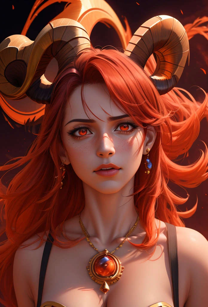 a dramatic portrait of an Aries, intense red and orange colors, strong lighting, dynamic and energetic pose, celestial background, zodiac symbols, (best quality,4k,8k,highres,masterpiece:1.2),ultra-detailed,(realistic,photorealistic,photo-realistic:1.37),portrait,digital painting,cinematic lighting,dramatic shadows,vibrant colors,powerful expression,fiery energy,astrology,horoscope,ram horns