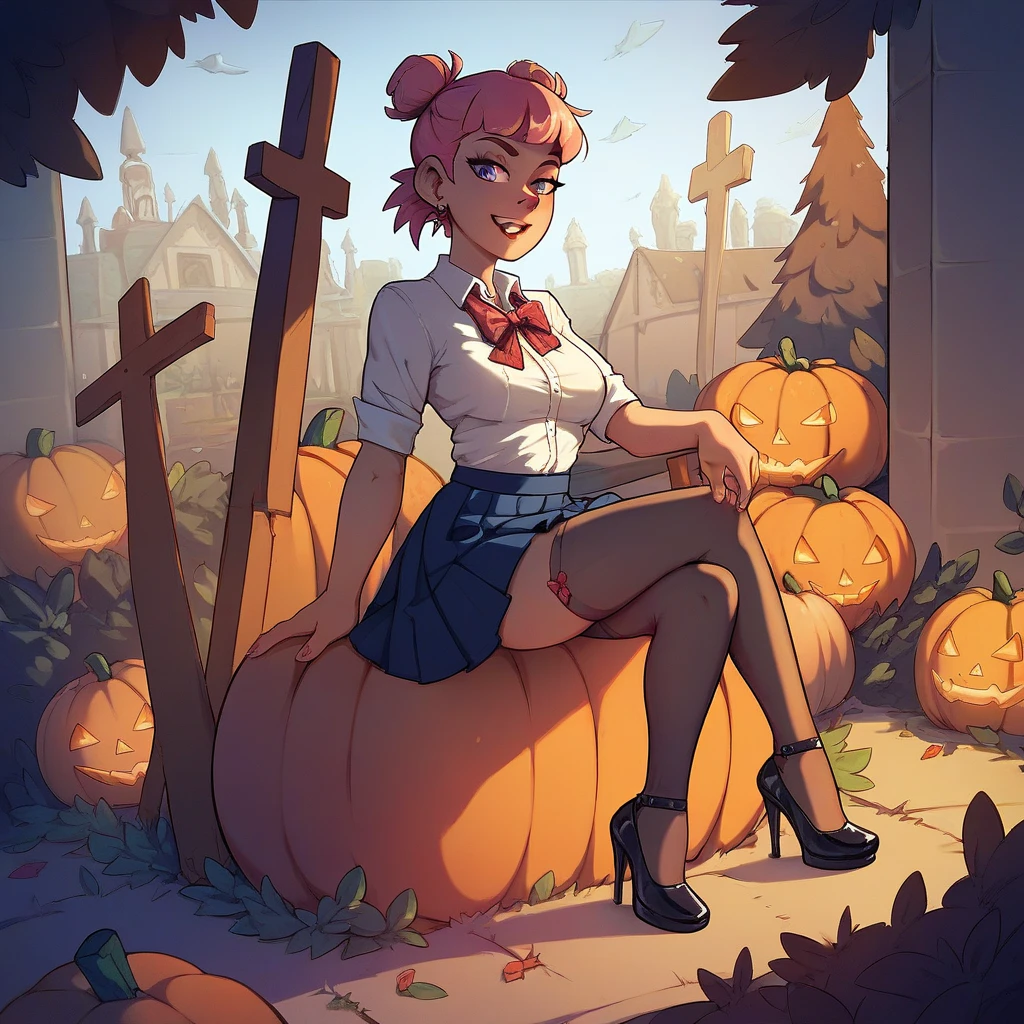 girl in short school skirts , neckline,  stockings,  high heels, Sitting on a pumpkin in the cemetery at midnight 