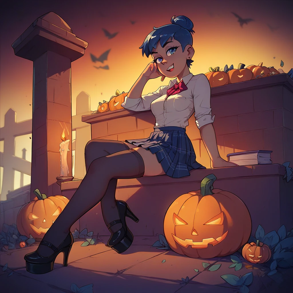 girl in short school skirts , neckline,  stockings,  high heels, Sitting on a pumpkin in the cemetery at midnight 