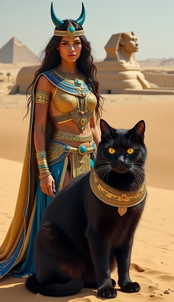 An Egyptian warrior wearing traditional gold and blue costumes, inspired by ancient Egypt , with scarab ornaments . next to her, a majestic giant black cat with glowing gold eyes , seated in a royal pose , surrounded by sand dunes and a sphinx in the background .