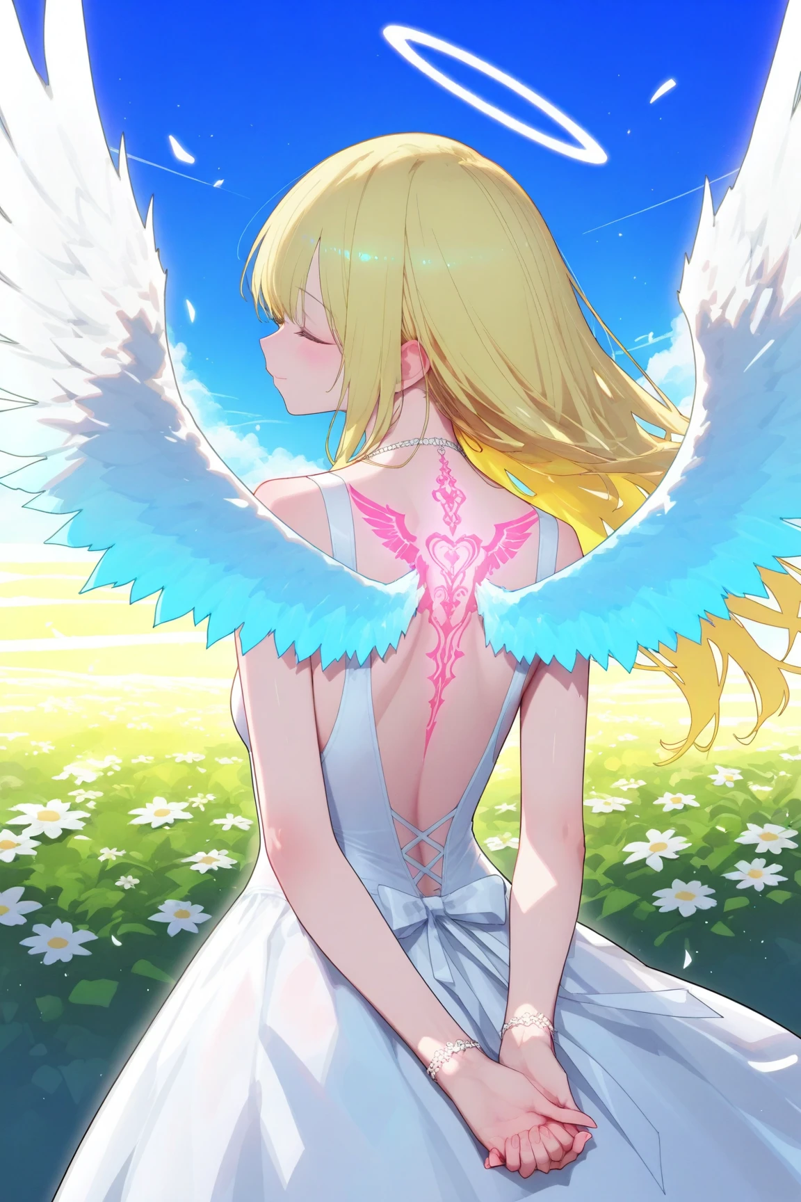 1girl,angel,blonde hair,long hair,closed eyes,halo,Angel Wings,Angel Smile,BREAK standing,backwards,back focus,Gorgeous dresses with open backs,gorgeous dresses,BREAK Hands clasped behind the back, showing confidence or authority.,BREAK (Glowing tattoo,tattoo on the back,Holy Tattoo),Garden of the Gods,Eternal Garden