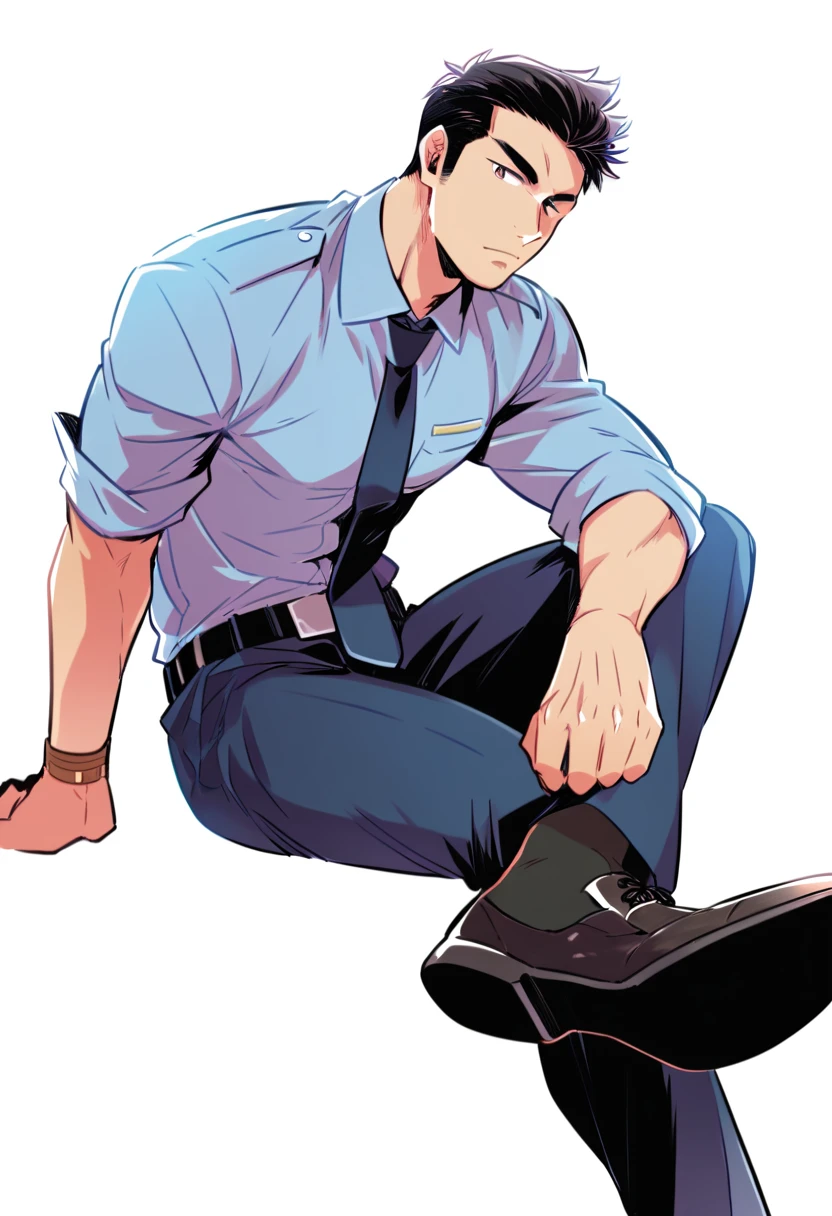 male focus, solo, ikemen, mature, male only, tough man, bold, eyes fix, flat chest, sturdy waist, 50 years old, office worker, collared shirt, tie, three piece suit, belt, slacks, tight clothes, whole body, sitting, invisible chair,  looking at viewer, (white background, simple background:1.5), masterpiece, best quality, mta, foor worship, showing his socked foot:2, long tube calf black or blue fancy socks,, dominating male pose:2, muscle, lick his shoe sole, policemen guy, long shot:1.5 