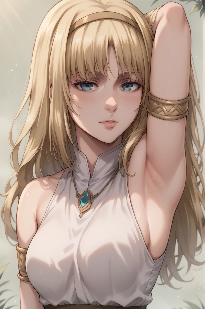 score_9, score_8_up, score_7_up, BREAK source_anime, ymir fritz, blue eyes, blonde hair, long hair, medium breasts, armlet, bare shoulders, hairband, long white tunic, armpits