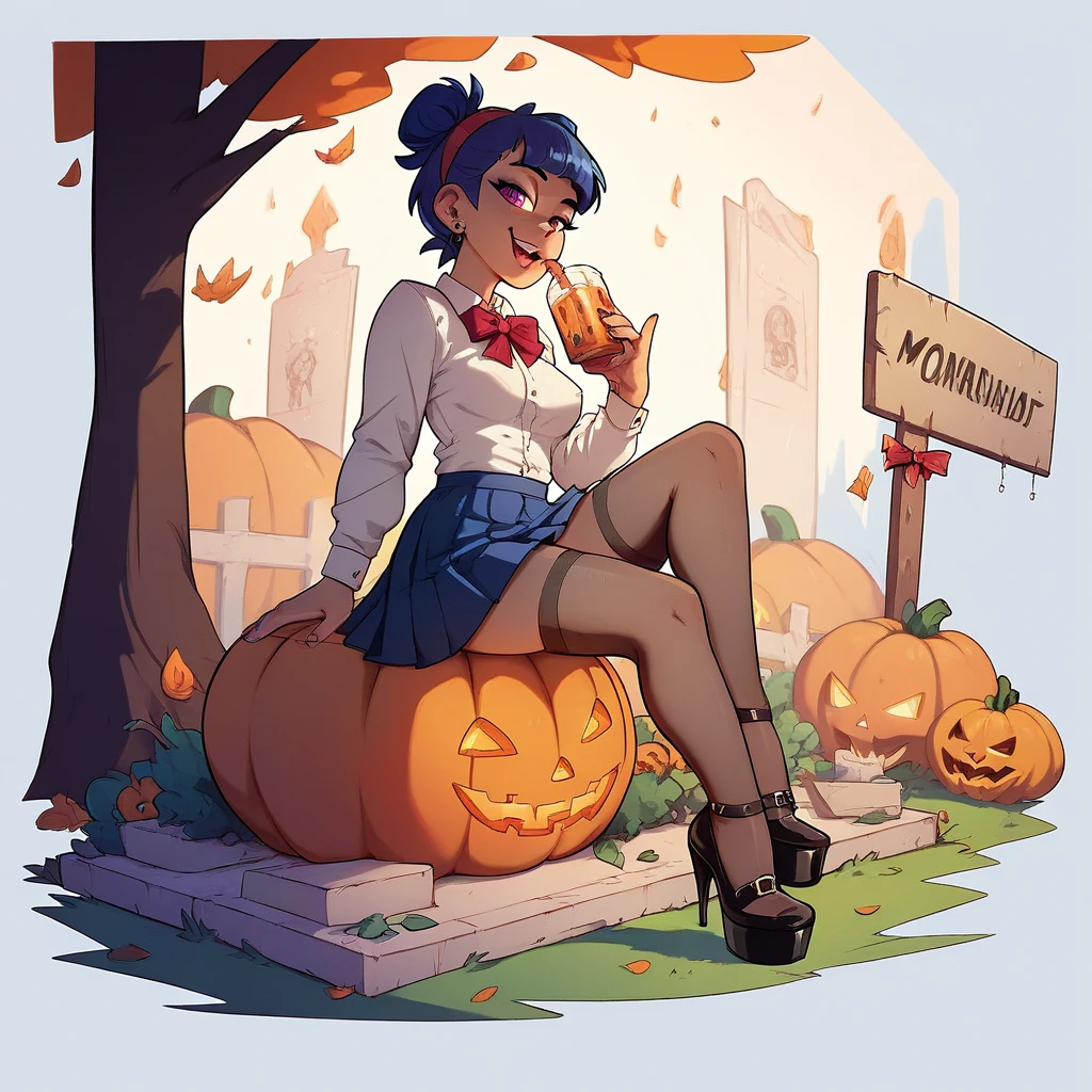 girl in short school skirts , neckline,  stockings,  high heels, Sitting on a pumpkin in the cemetery at midnight 