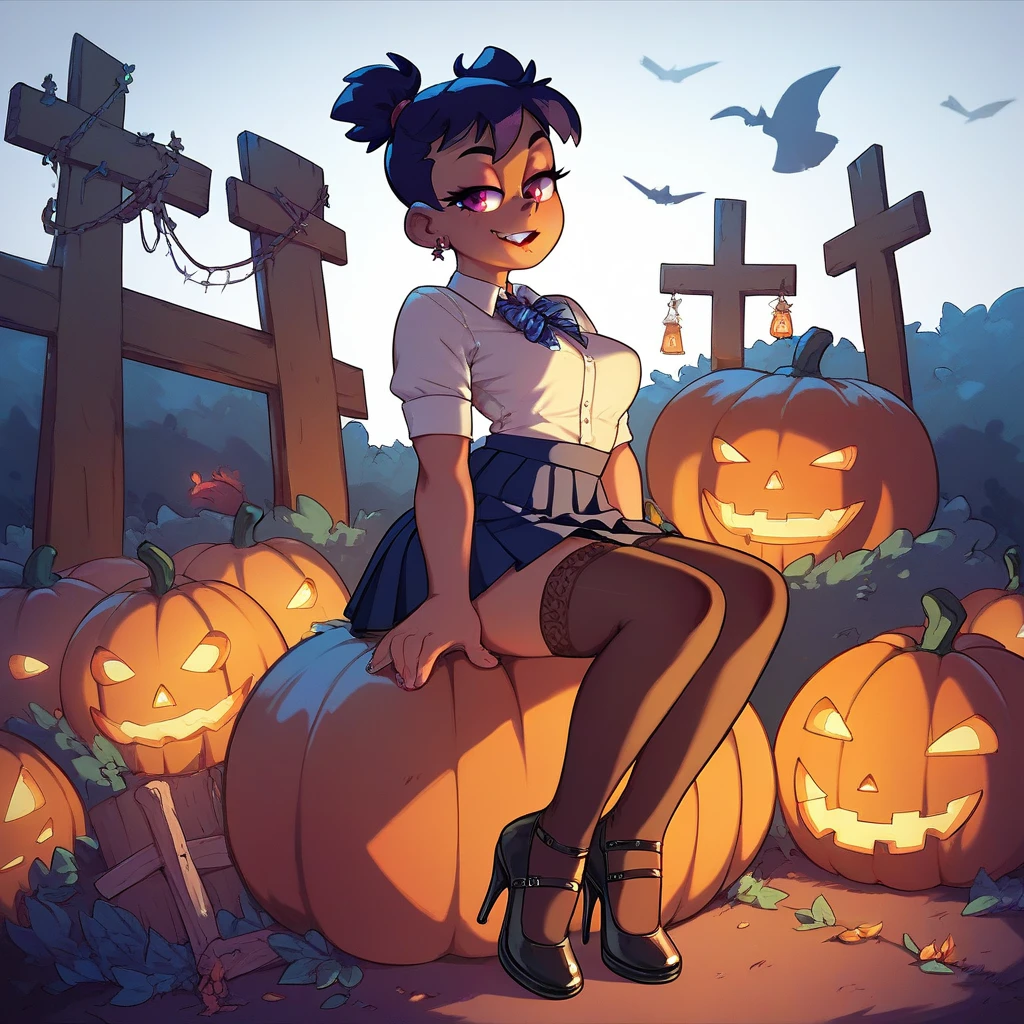 girl in short school skirts , neckline,  stockings,  high heels, Sitting on a pumpkin in the cemetery at midnight 