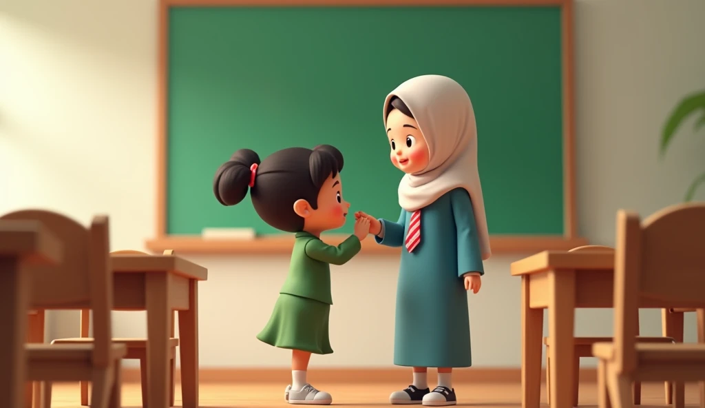 Cartoon with text: 
Boy pulling a girls skirt in class, girl in hijab
