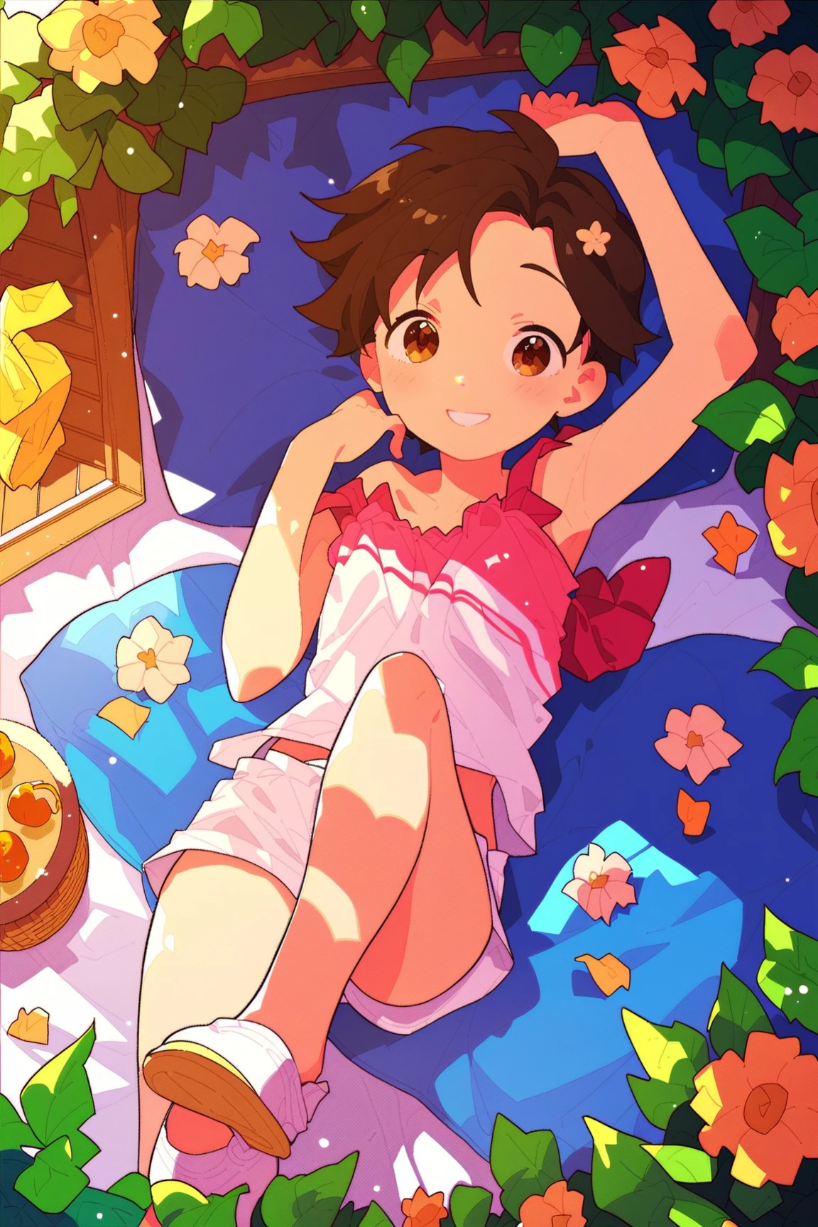 score_8_ up,Festival Sakuragi, 1 girl,glass, on my bed,Alone,Brown Hair, brown eyes, short hair,smile,ribbon,,