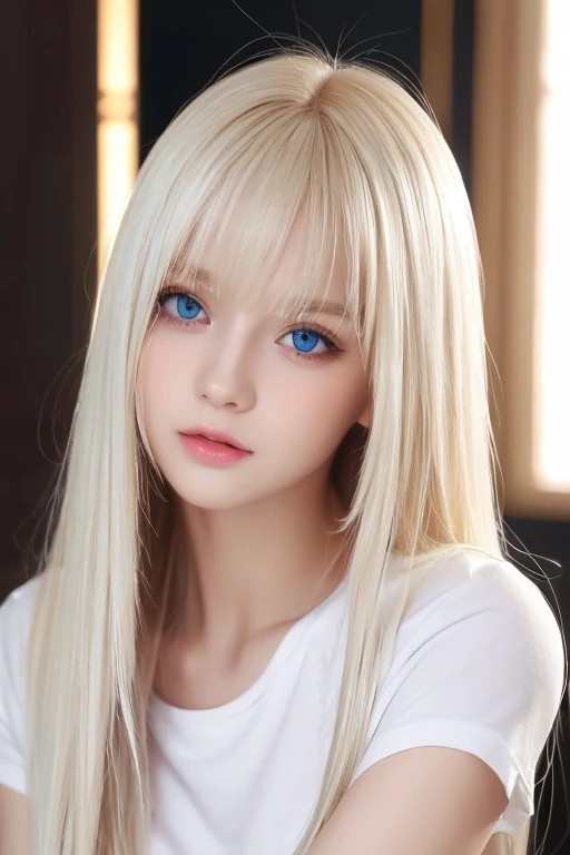  Unmatched Beauty ,  firm and shiny skin ,  bangs between eyes, Beautiful shiny straight platinum blonde,  Super Long Straight Silky Hair,  eyeliner ,  sexy beautiful innocent , High resolution big beautiful bright blue eyes,  beautiful and lovely girl, Baby Face, Short sleeve shirt、 EROTIC 