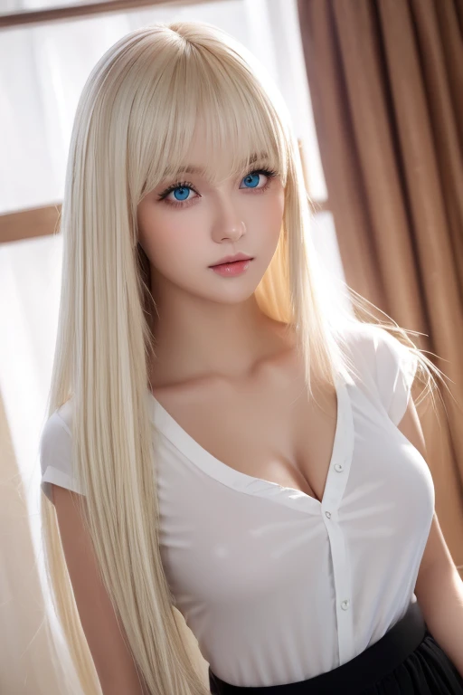  Unmatched Beauty ,  firm and shiny skin ,  bangs between eyes, Beautiful shiny straight platinum blonde,  Super Long Straight Silky Hair,  eyeliner ,  sexy beautiful innocent , High resolution big beautiful bright blue eyes,  beautiful and lovely girl, Baby Face, Short sleeve shirt、 EROTIC 