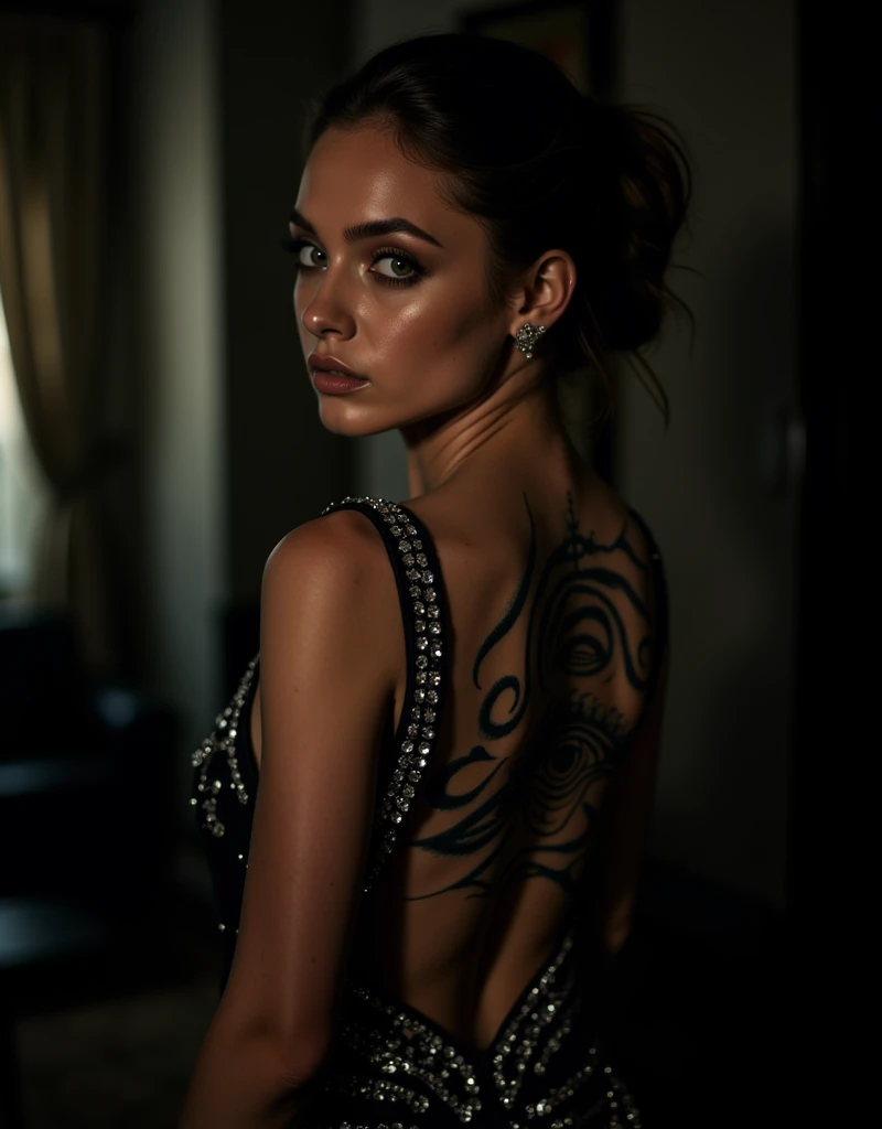 Fashion photo art. Inspired by Mario Sorrenti and David LaChapelle. Rear view, Half-turn of the head, gaze into the camera. A stunningly beautiful woman. Glamorous fashion, a Backless Dress, an intricate colored tattoo on her back with an eye pattern The dress is decorated with rhinestones and embroidery. Dramatic cinematic shadows.. 32k DSLR photograph, shot through the professional-grade optics of a Canon lens, resulting in an ultra-realistic, breathtaking masterpiece of unparalleled quality and resolution. ultra fine. ultra-detailed textures, pure perfection. High Resolution, High Quality