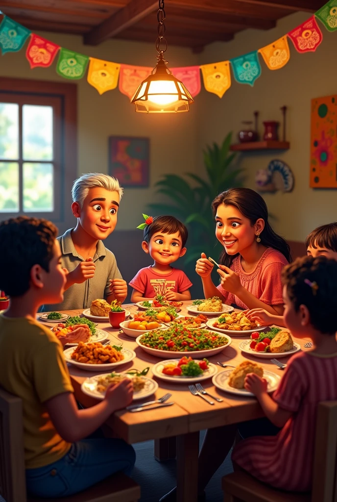 a family of three Iranians sitting at a table and enjoying a meal. The father and mother are both smiling and laughing, and the little daughter is giggling.  The family is seated  around table in  the middle of a cozy living room. The father is wearing a traditional Iranian shirt and pants, and the mother is wearing a long, flowing dress. The daughter is wearing a traditional Iranian dress , The food on the table  The roasted chicken is golden brown and glistening, The drinks are in tall glasses, and the bread is in a basket. The kebabs are skewered and cooked to perfection.The light in the room is warm and inviting. The sunlight coming through the window casts a soft glow on the family and the food. The paintings on the walls add a touch of cultural flair to the scene, bread, and kebabs. Soft light streams in from the window, and traditional Iranian paintings hang on the walls,