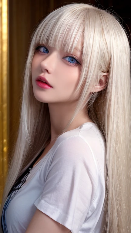  Unmatched Beauty ,  firm and shiny skin ,  bangs between eyes, Beautiful shiny straight platinum blonde,  Super Long Straight Silky Hair,  eyeliner ,  sexy beautiful innocent , High resolution big beautiful bright blue eyes,  beautiful and lovely girl, , Short sleeve shirt、 EROTIC 