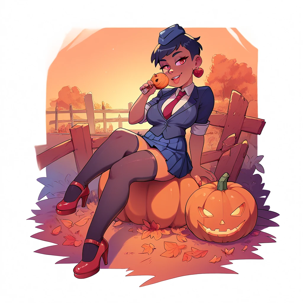 girl in short school skirts , neckline,  stockings,  high heels, Sitting on a pumpkin in the cemetery at midnight 