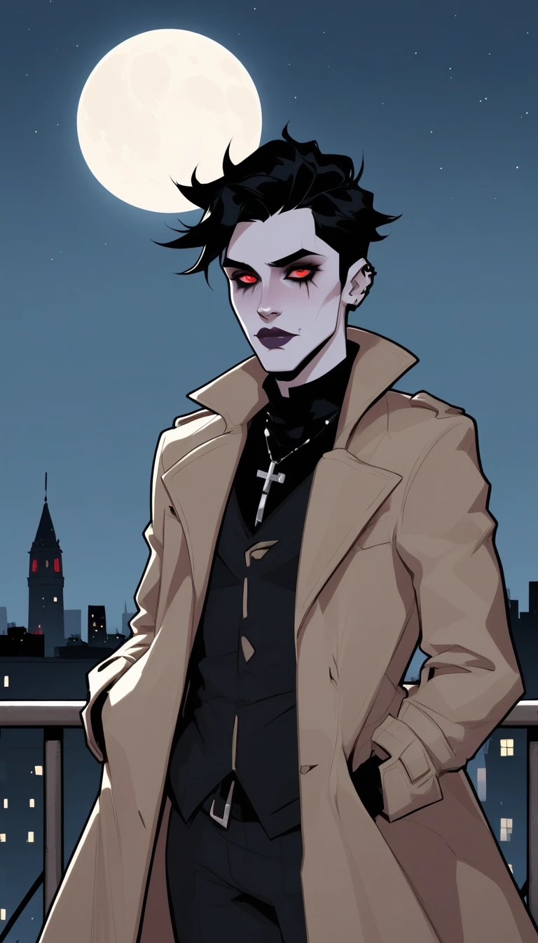 Create an image of a brooding, gothic vampire scientist with a haunting, predatory aura. His skin is pale with a faint bluish tint, and his sharp, blood-red eyes glow in the darkness. He has long, unkempt black hair framing a gaunt, angular face with pronounced cheekbones and fanged teeth protruding slightly from his mouth. He wears a tattered, dark trench coat over a form-fitting scientific suit, with faint chemical stains and torn fabric. His clawed hands drip faint traces of blood, and a faint mist surrounds him. The background is a moonlit rooftop in a dark, foggy cityscape, with gothic architecture and a full moon illuminating the scene. His expression is a mix of anguish and hunger, capturing the torment of his cursed existence.