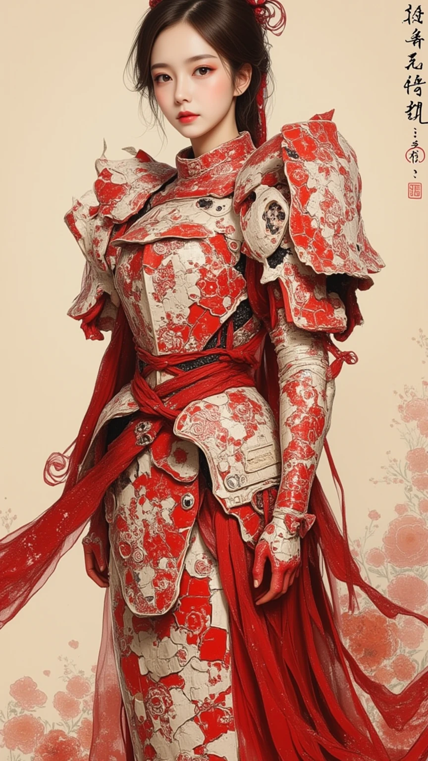 simple background、Best Quality, Kitagawa Utamaro's style, ukiyoe painting, A Japanese Woman in Armor Made of Red and White Pottery