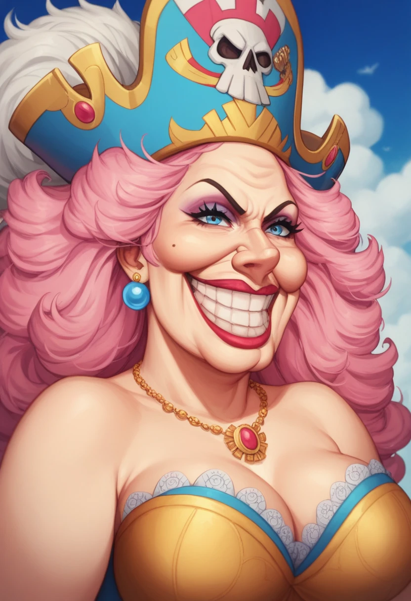 Create an image of a towering and powerful pirate queen with an aura of dominance and chaos. She has wild, flowing pastel-colored pink hair and a wide, menacing grin. Her outfit is flamboyant, featuring a vibrant dress with candy-themed patterns and gold accessories. Her presence is intimidating yet regal, with a massive pirate hat decorated with skull motifs and sweets. The setting is a fantastical candy-themed island under a stormy sky, with giant desserts and swirling clouds in the background. Her expression combines playful mischief with raw authority, and she holds a massive, enchanted sword crackling with energy. Big Mom of One Piece, fat woman, old woman, large nose,