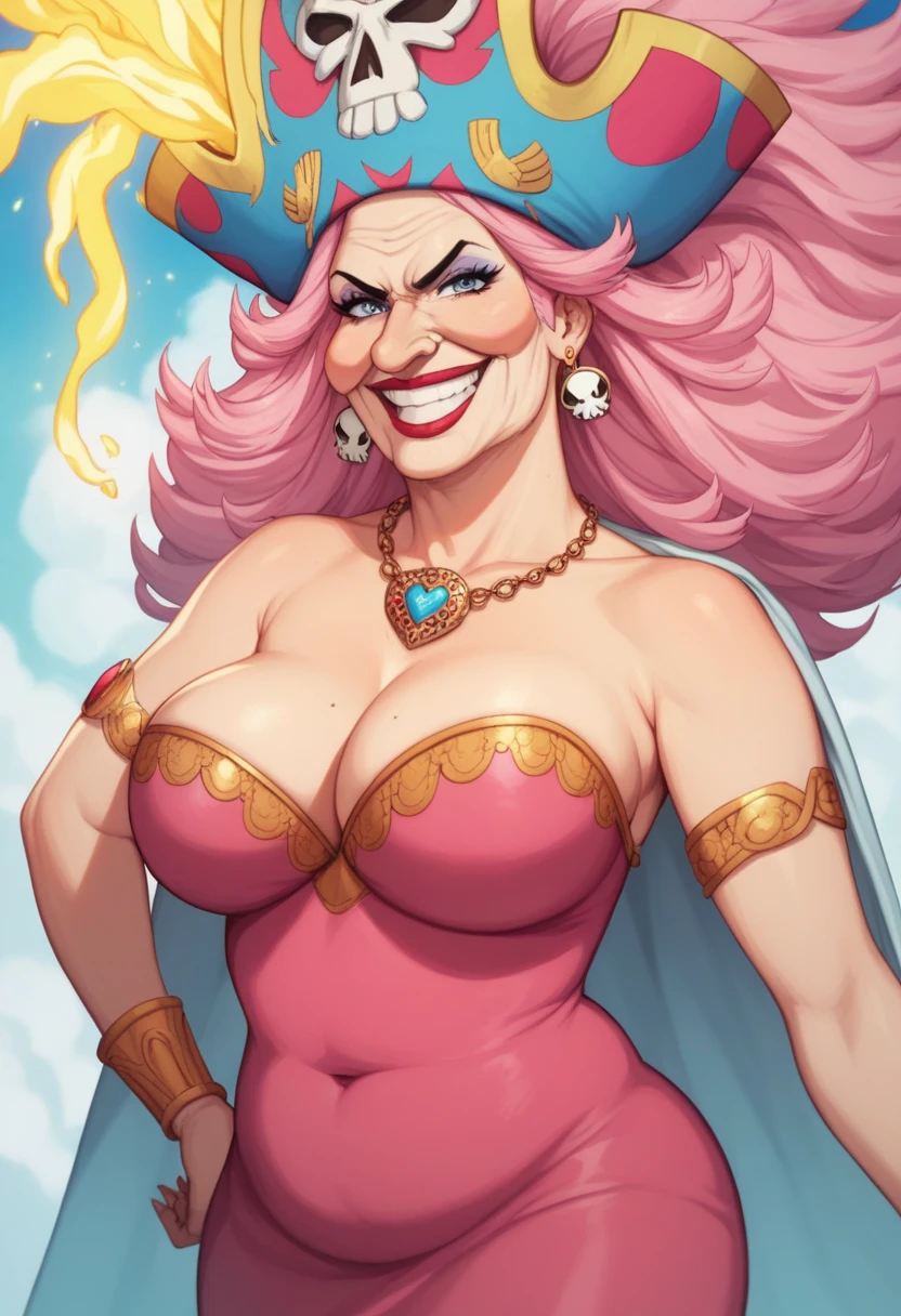 Create an image of a towering and powerful pirate queen with an aura of dominance and chaos. She has wild, flowing pastel-colored pink hair and a wide, menacing grin. Her outfit is flamboyant, featuring a vibrant dress with candy-themed patterns and gold accessories. Her presence is intimidating yet regal, with a massive pirate hat decorated with skull motifs and sweets. The setting is a fantastical candy-themed island under a stormy sky, with giant desserts and swirling clouds in the background. Her expression combines playful mischief with raw authority, and she holds a massive, enchanted sword crackling with energy. Big Mom of One Piece, fat woman, old woman, large nose,