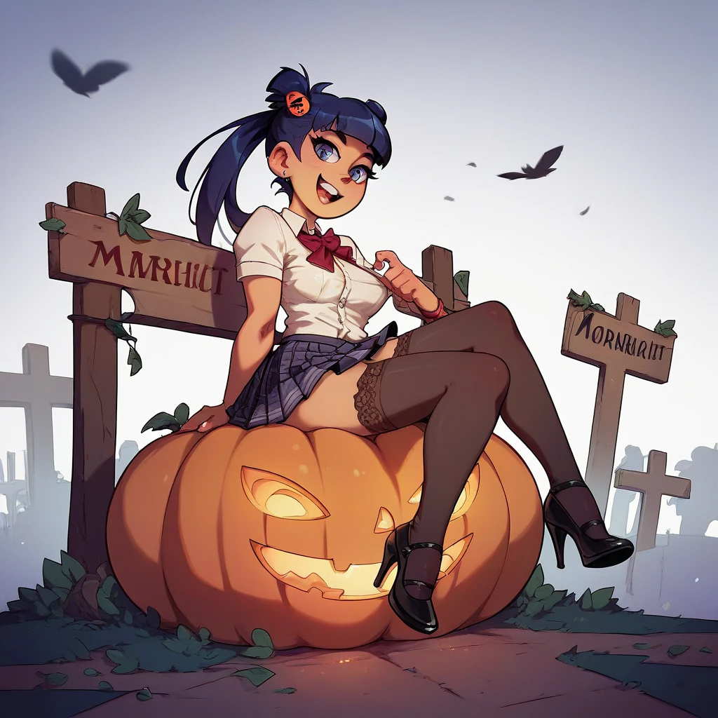 girl in short school skirts , neckline,  stockings,  high heels, Sitting on a pumpkin in the cemetery at midnight 