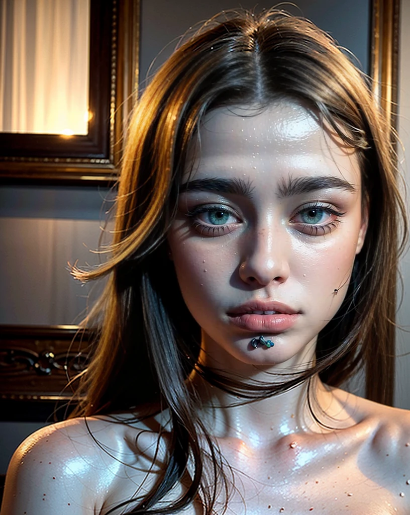 creates a hyperrealistic photograph in which the torso of a tanned Mexican woman appears from the front, occupying a third of the plane, your body in warm tones, wearing a mexican skull mask, made with ceramics and Mexican clay, decorated with Mexican motifs. modern, At the bottom, a white tile wall, with overhead lighting in cold tones, foreground
