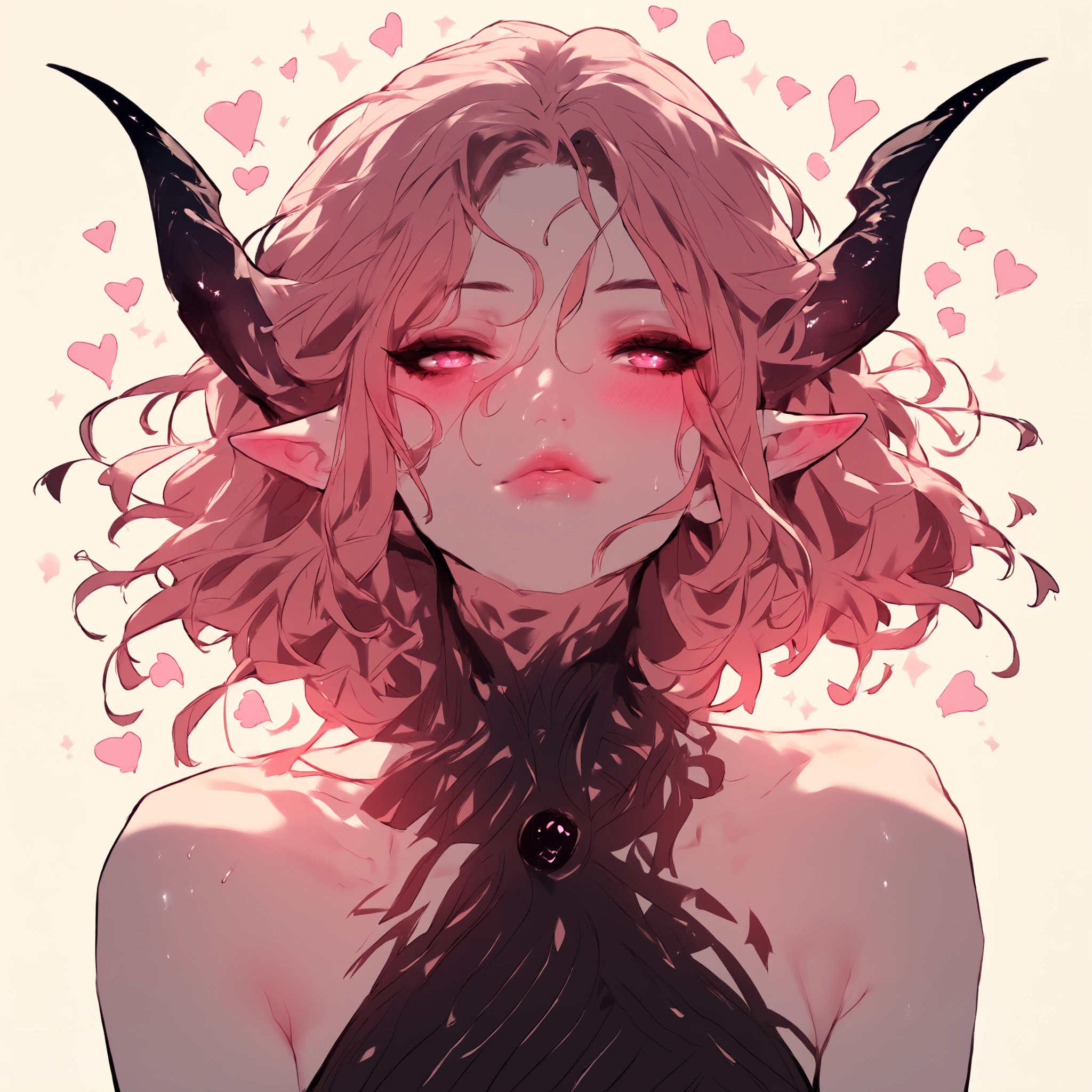 The image presents an illustration of a female character with long and voluminous hair, Which is white . She has characteristics that refer to a mystical or fantastic being , such as black horns on the head and pointed ears . The character is in a posture of acquiescence , sitting on the knees and turned sideways , with a seductive look.
Her costume is minimalist , a pink heart, matching the general aesthetic of the image . The background is simple , in a neutral tone, highlighting the central figure. The illustration is very detailed , showing a vibrant and stylized artistic style , characteristic of digital art works .