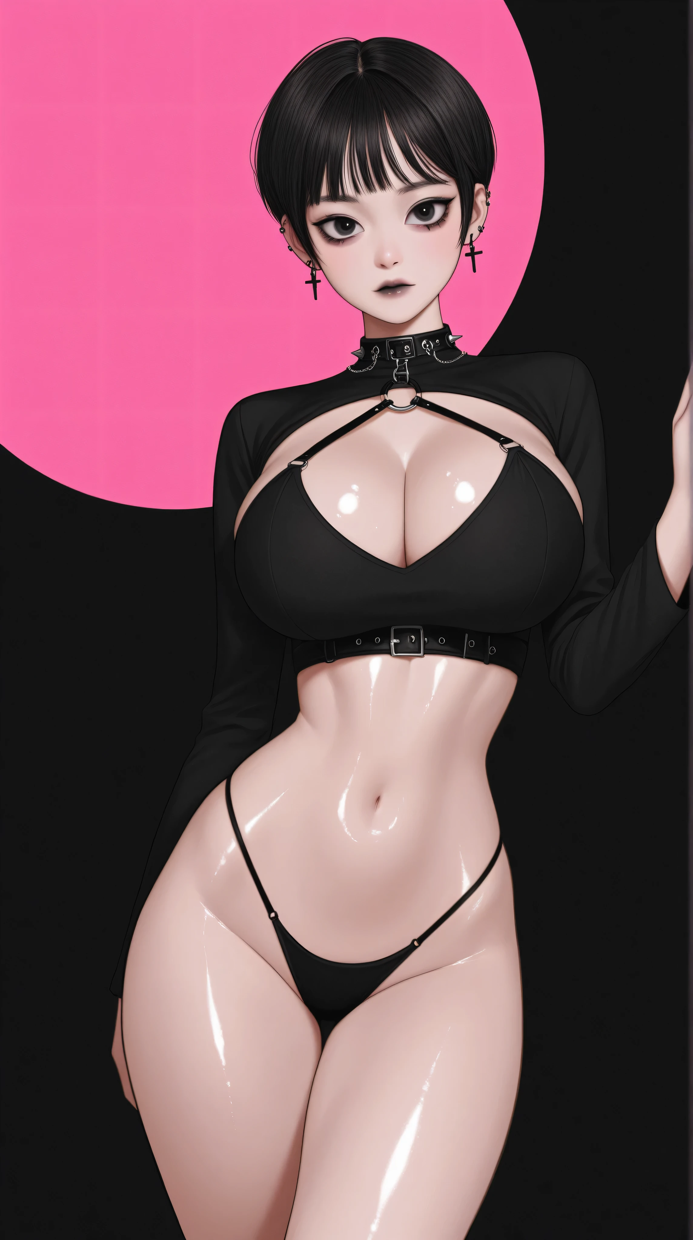young Korean girl, goth girl, slender, thin waist, short spiky hair, metal style, big breasts, cleavage, shiny skin, no background, pink background, black background,